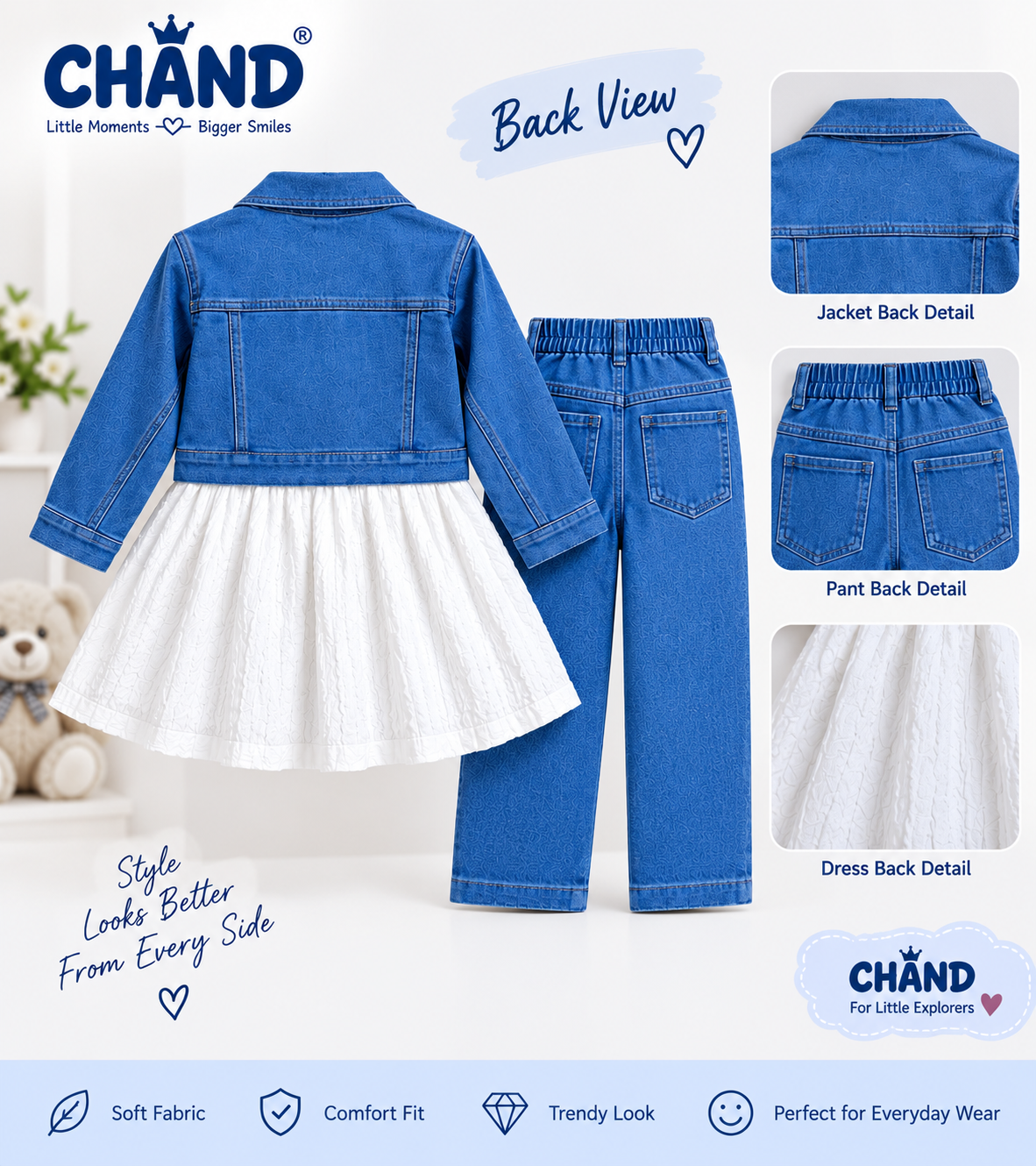 View another image of CHAND Girls' Denim Jacket, Textured White Dress & Cargo Pants Set