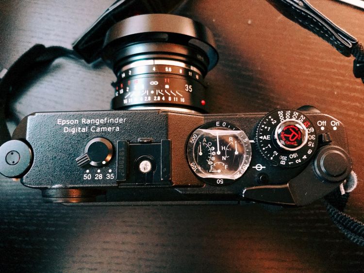 Top view of the Epson R-D1x. The protective film on the glass panel is still intact. I also have the limited edtion soft shutter release button