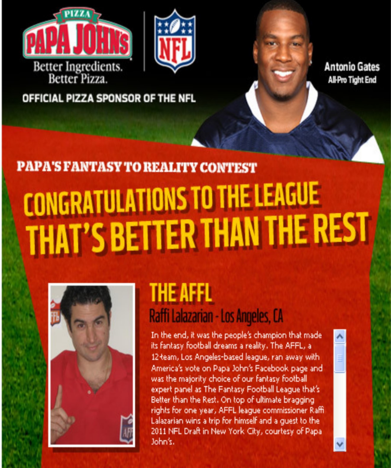 Papa John's Fantasy to Reality Contest — Congratulations to the AFFL