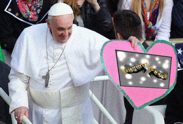  The Pope holds up a Vosgee logo urging the audience to pray for his fantasy team this season. 