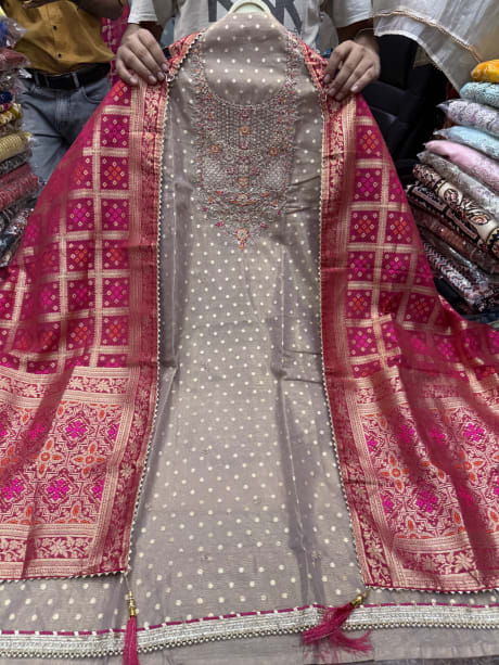 Banarsi Silk with Embroidery and Contrast Dupatta