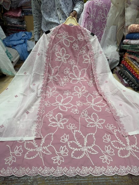 Cotton Chawal Taka Embroidery with contrast dupatta - without lining