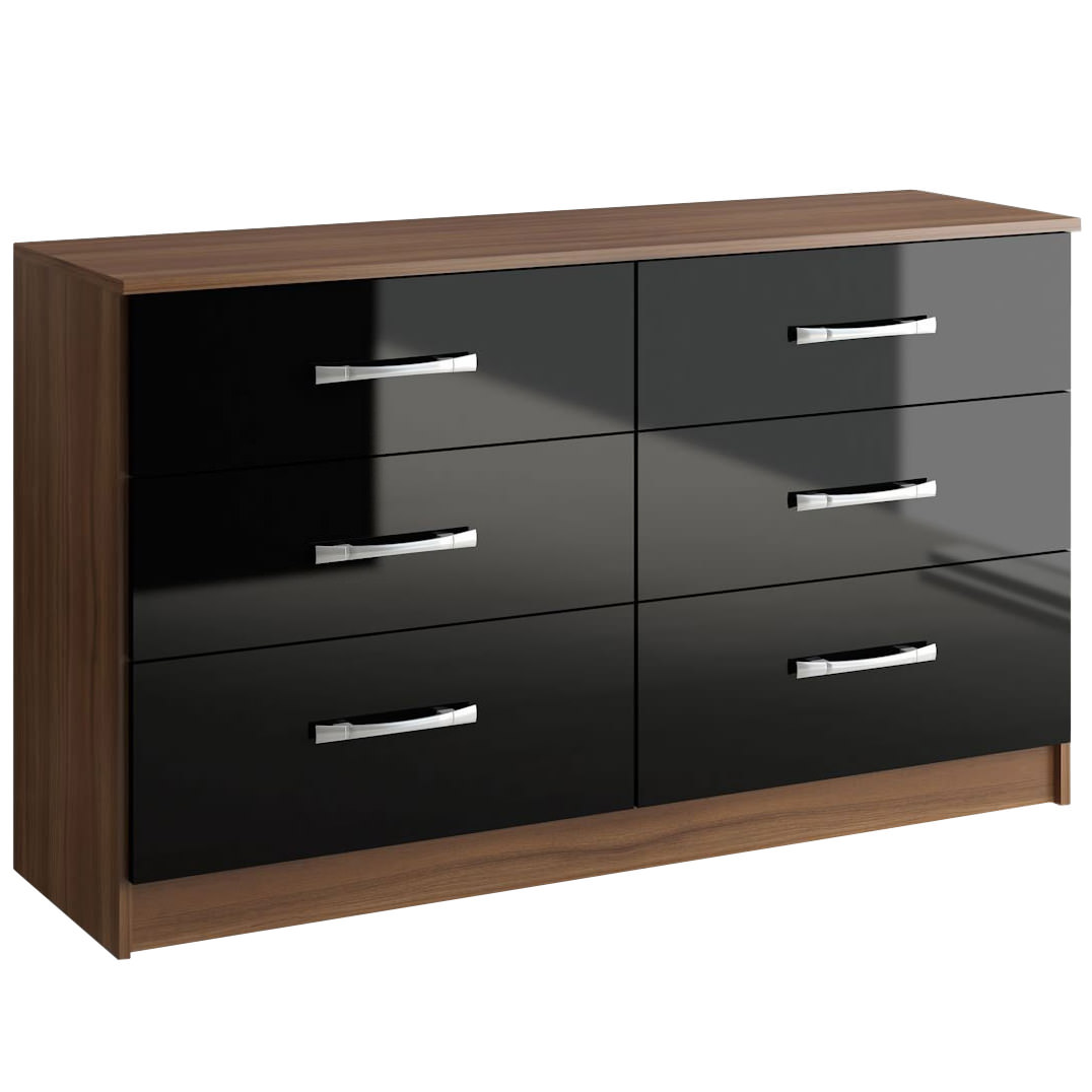 High Gloss Walnut Bedroom Chest Of 6 Drawers Black Cream White