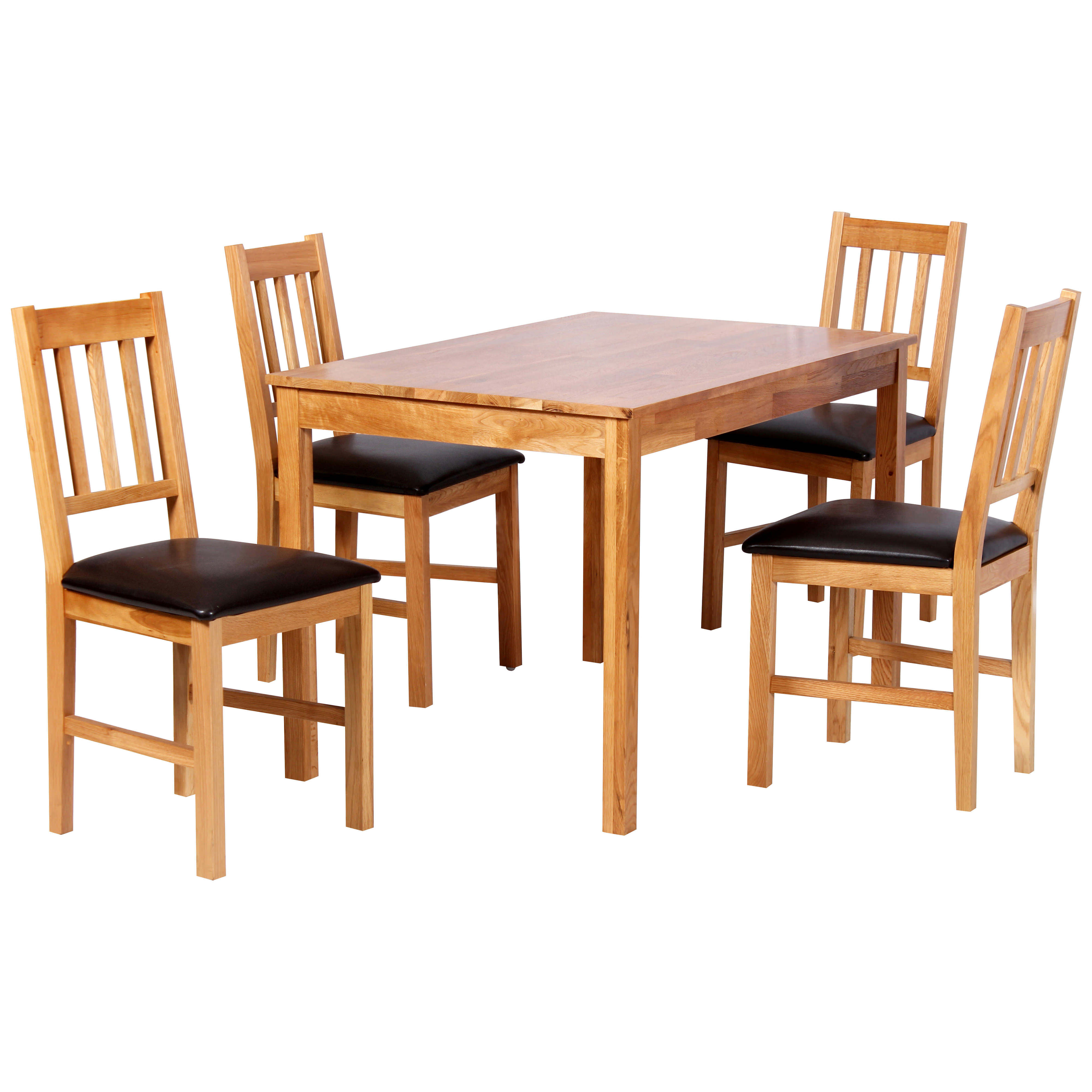 Solid Oak Finish Dining Table And Chair Set With 4 Seats Description Solid Oak Dining Table And Chair Set With Black Pu Leather Seat Pads This Rectangle Shape Has Slatted Back Chairs Will Suit Any