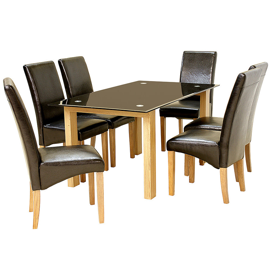Oak Finish Glass Dining Table And Chair Set With 6 Leather Seats Oak Finish Glass Dining Table And Chair Set