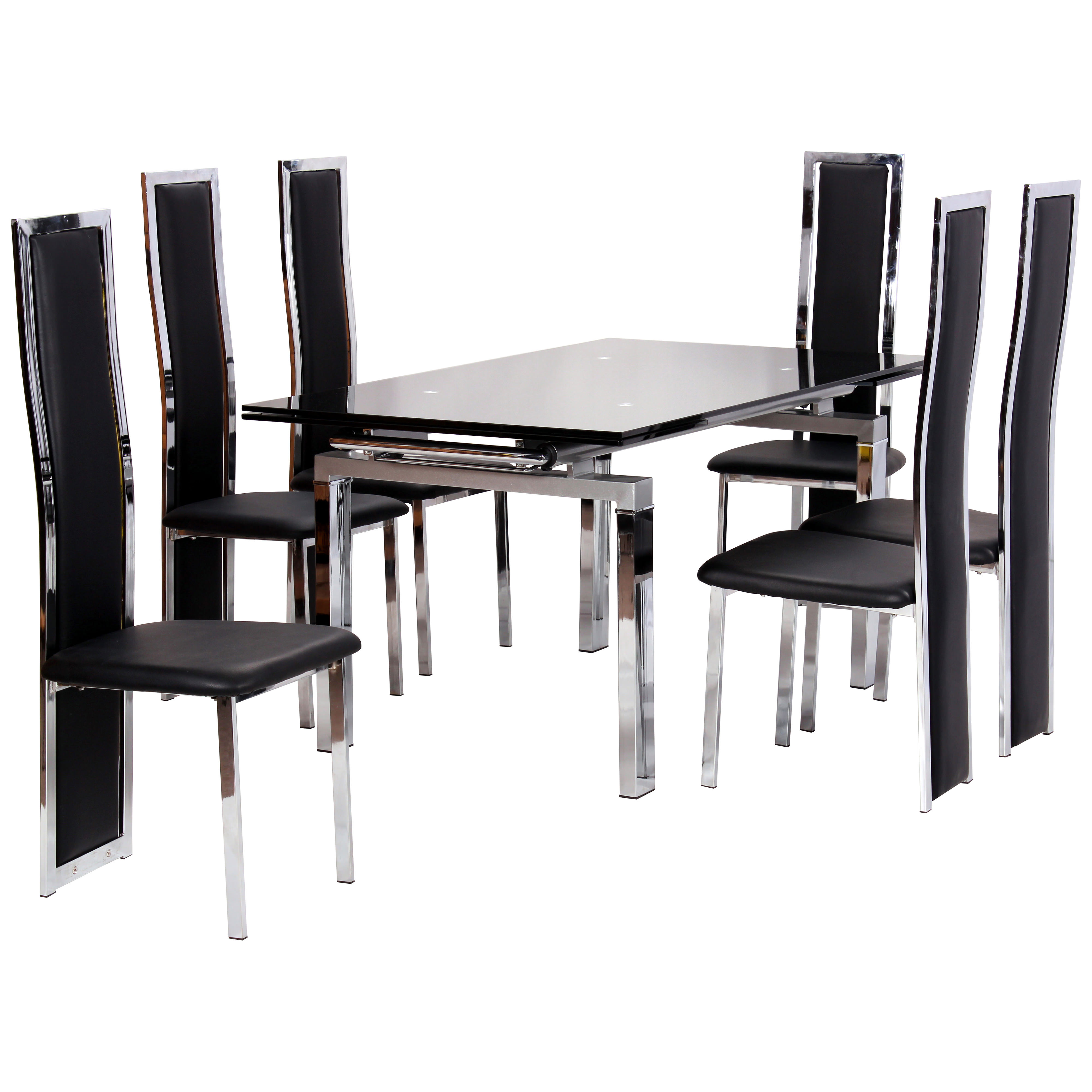 Chrome Glass Extending Dining Table And Chair Set With 6 Seats Description Chrome Glass Extendable Dining Table And Chair Set With A Solid Metal Framework High Back Chairs Pu Leather Seat Pads
