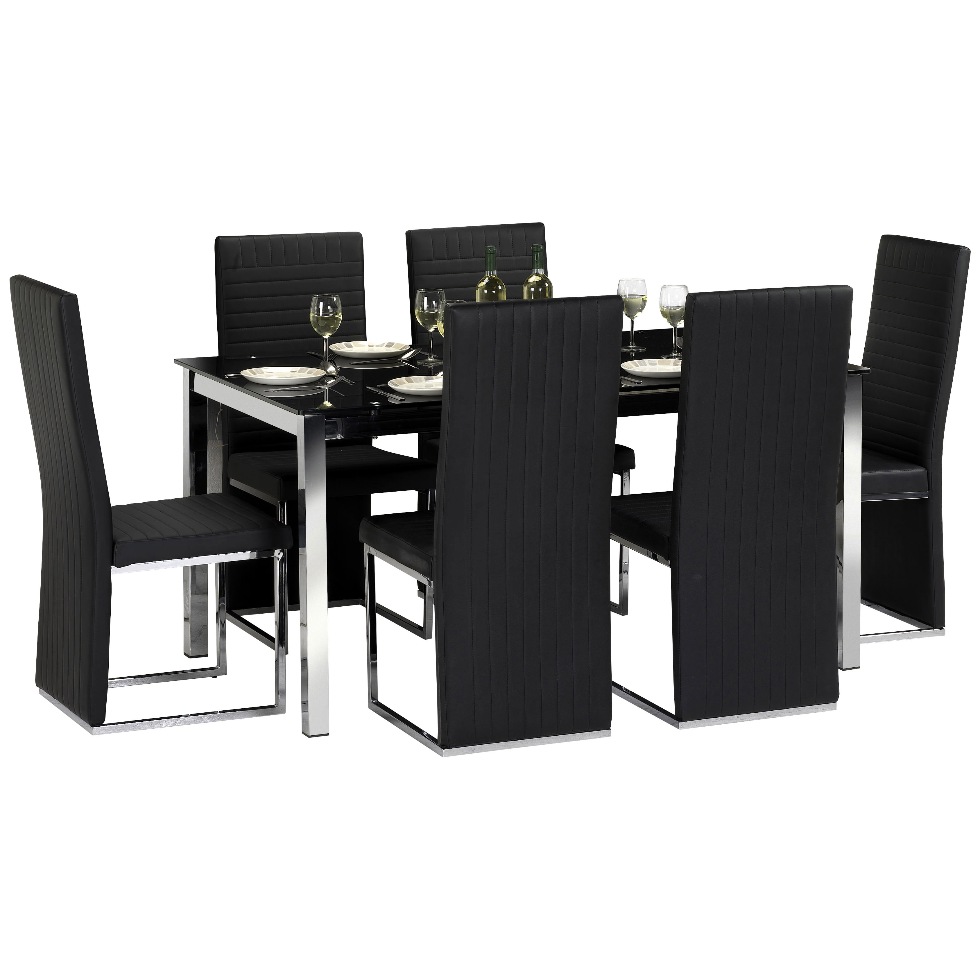 Details About Chrome Glass Dining Table And Chair Set With 4 6 Black Leather Seats
