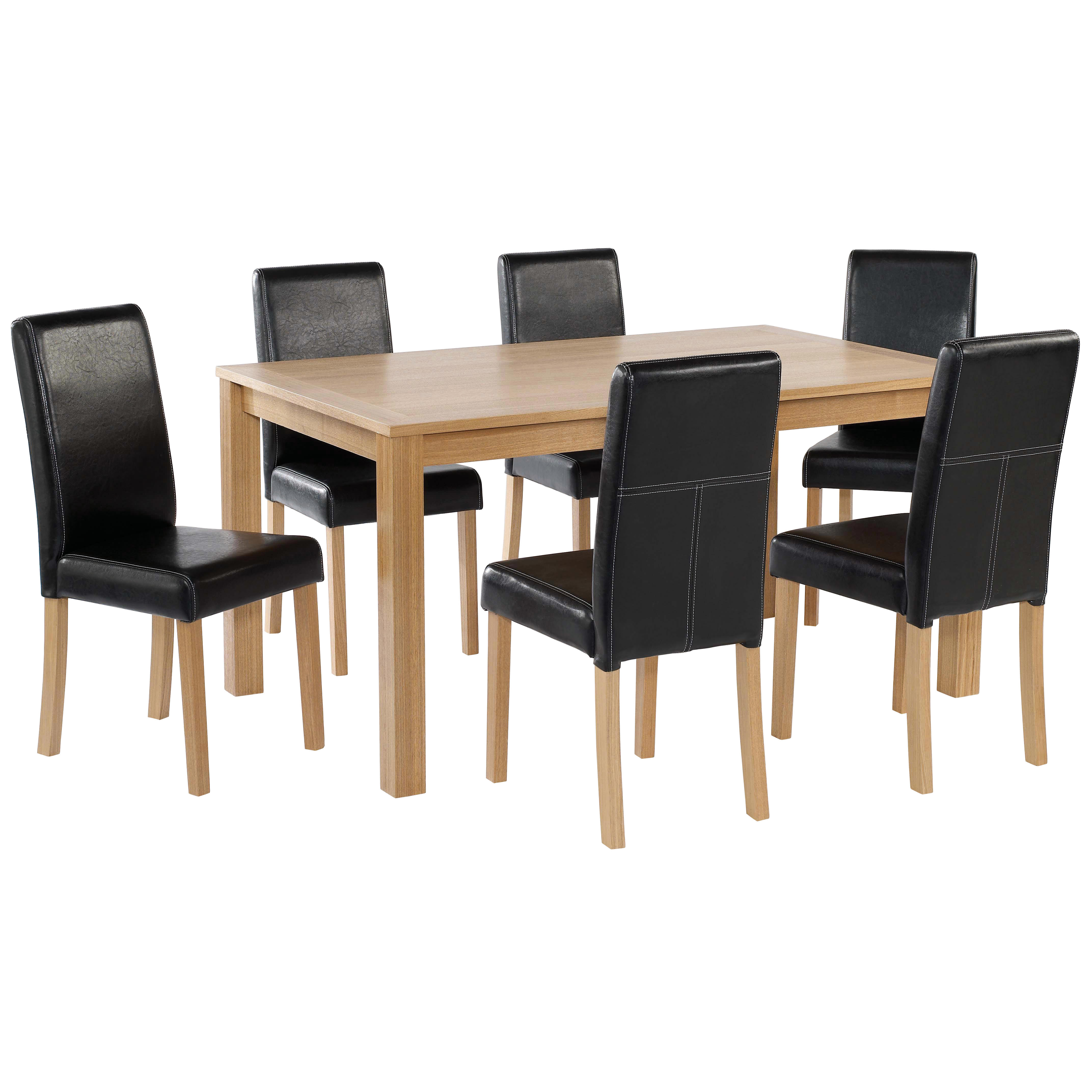 Oak Finish Dining Table And Chair Set 6 Leather Seats Black Brown Oak Finish Dining Table And Chair Set 6