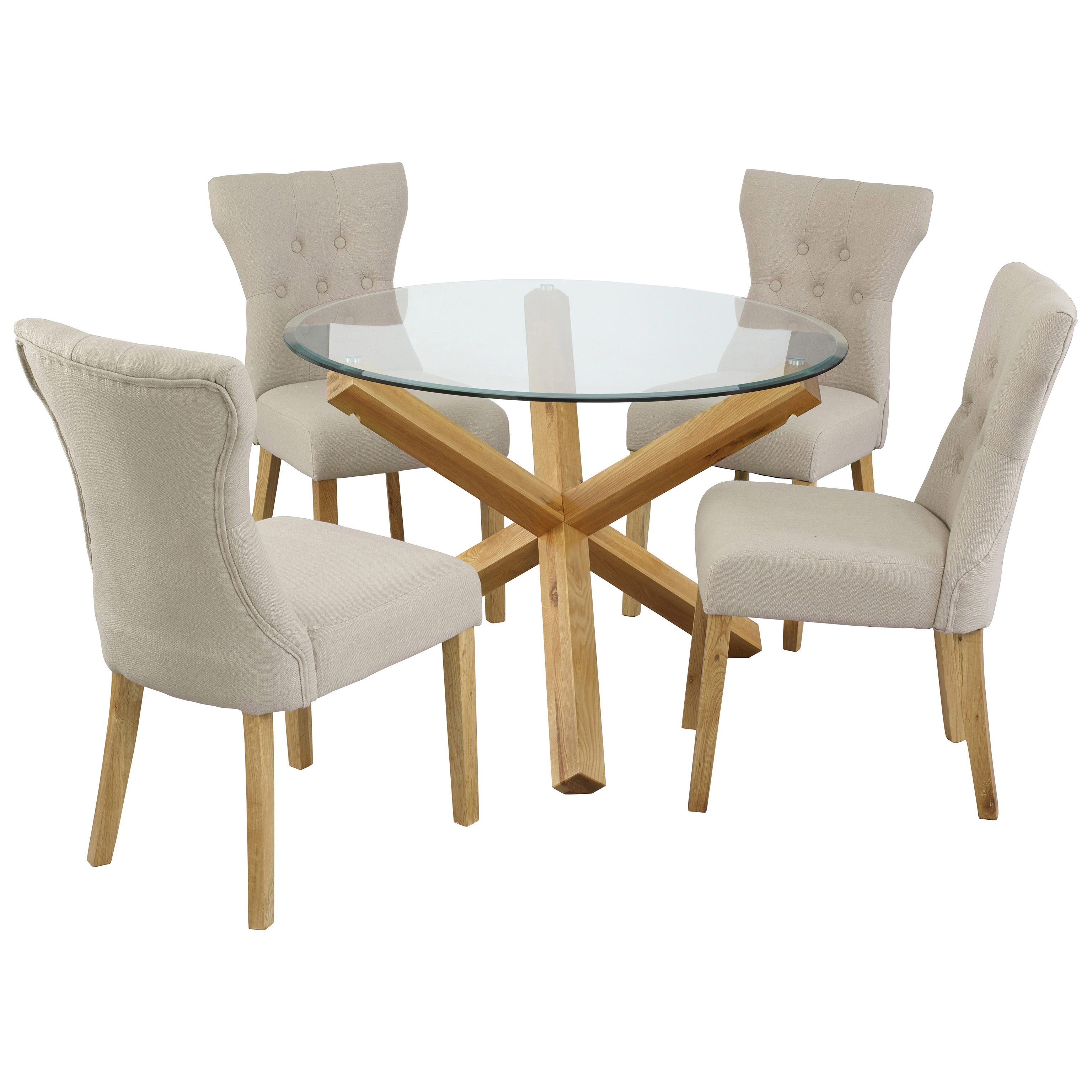 Oak & Glass Round Dining Table and Chair Set with 4 Fabric Seats