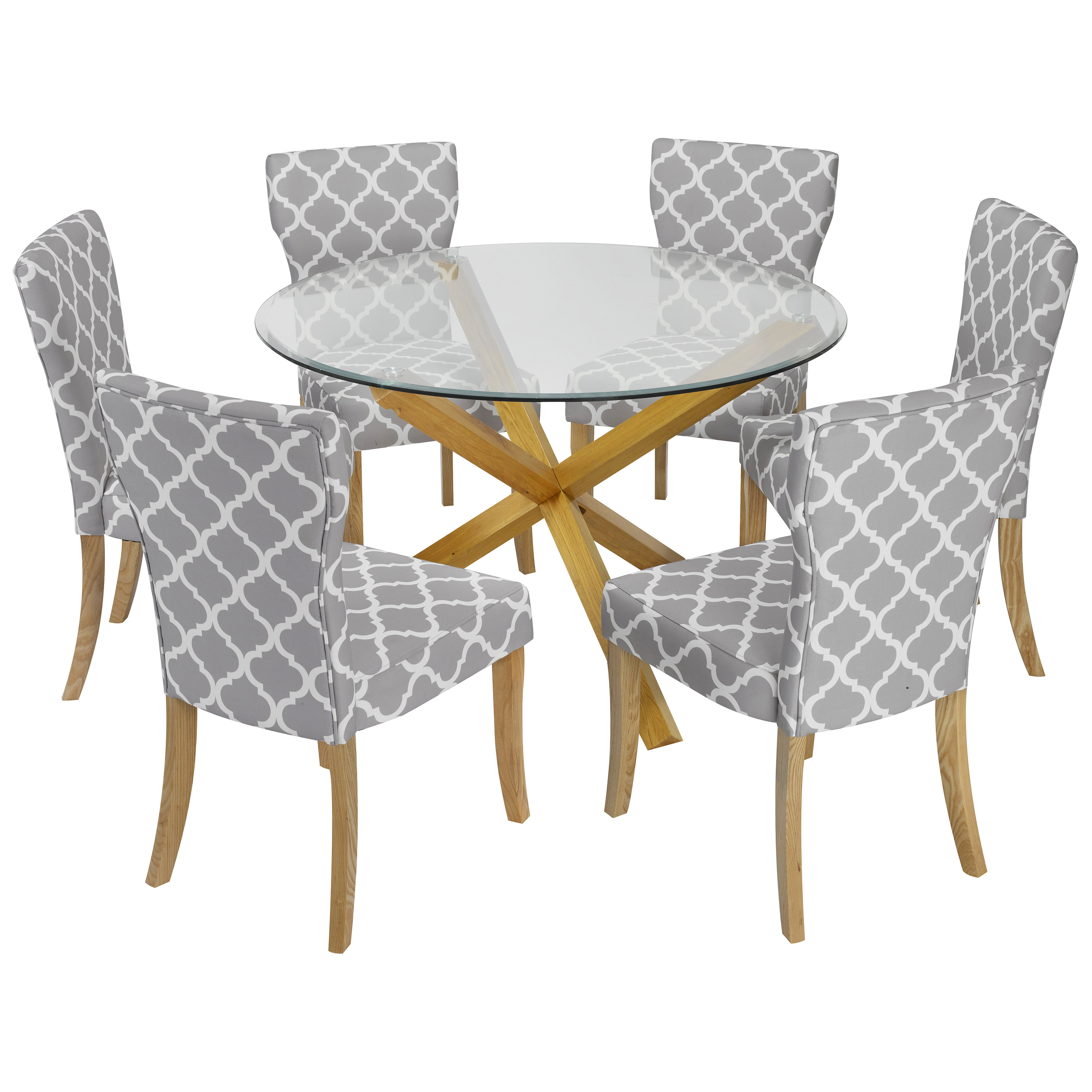 Solid Oak & Glass Round Dining Table and Chair Set with 6 ...