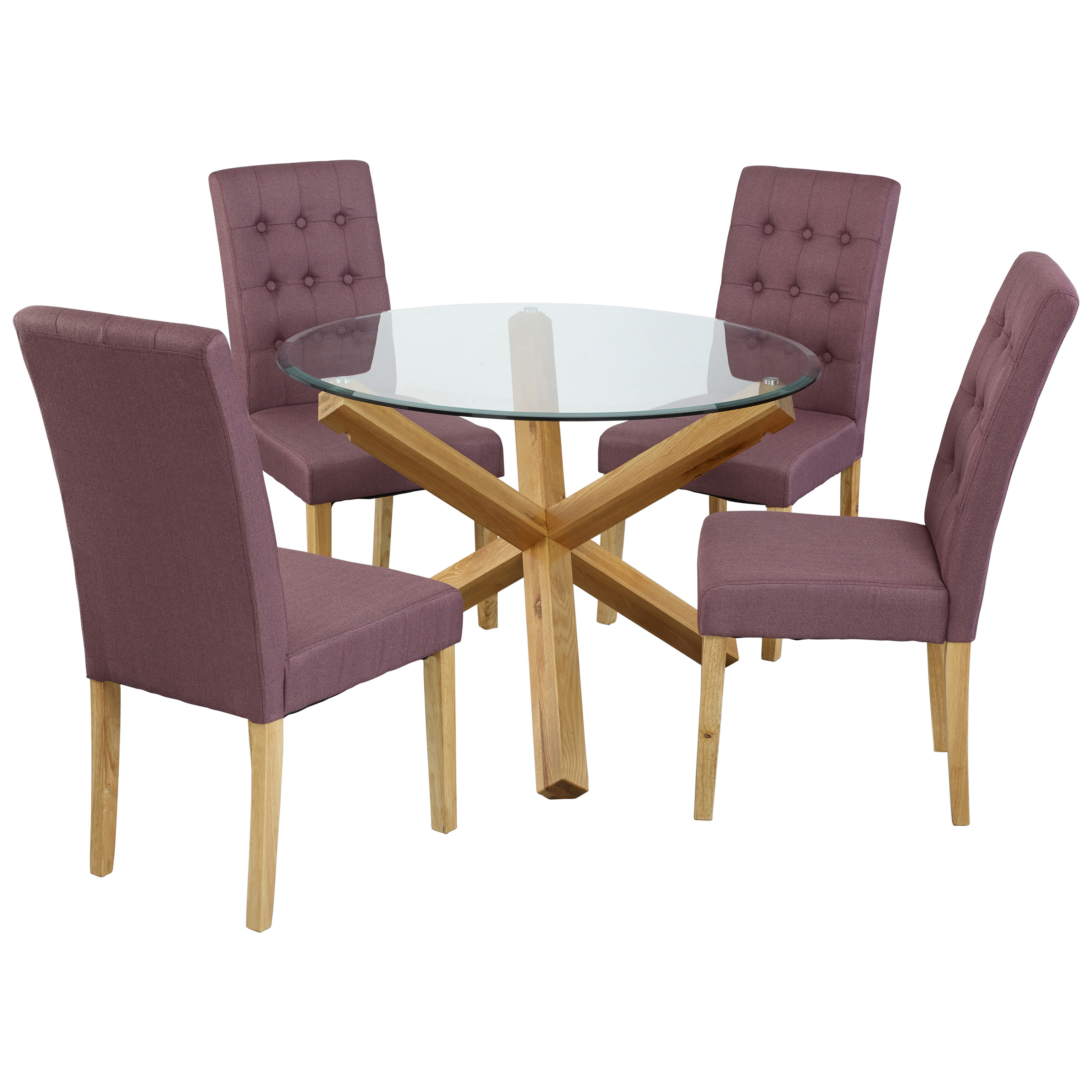 Oak Glass Dining Table And Chair Set With 4 Seats Green Grey