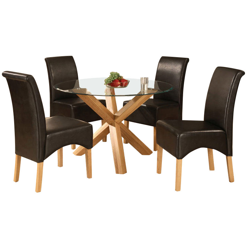 Solid Oak Glass Round Dining Table And 4 Leather Chair Set Brown Description Solid Oak And Glass Dining Table Chair Set With A 42 Diameter Clear Top This Round Shape Includes 4 High Back