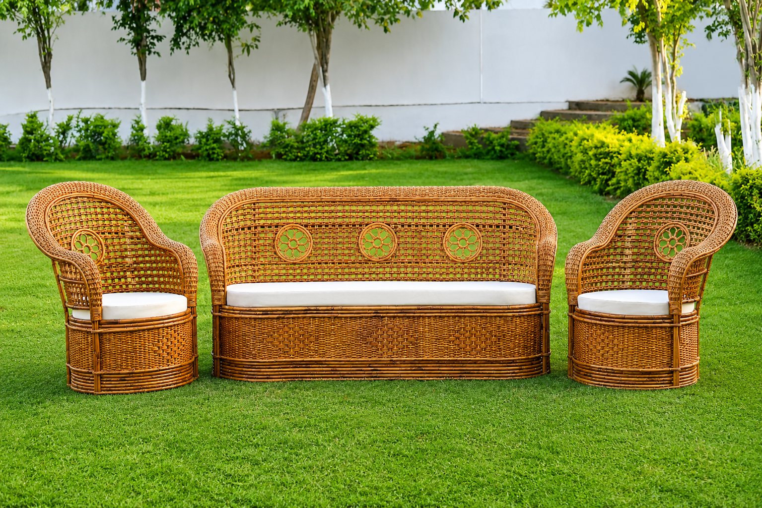 Classic Floral Medallion Cane Garden Sofa Set (3-Piece)