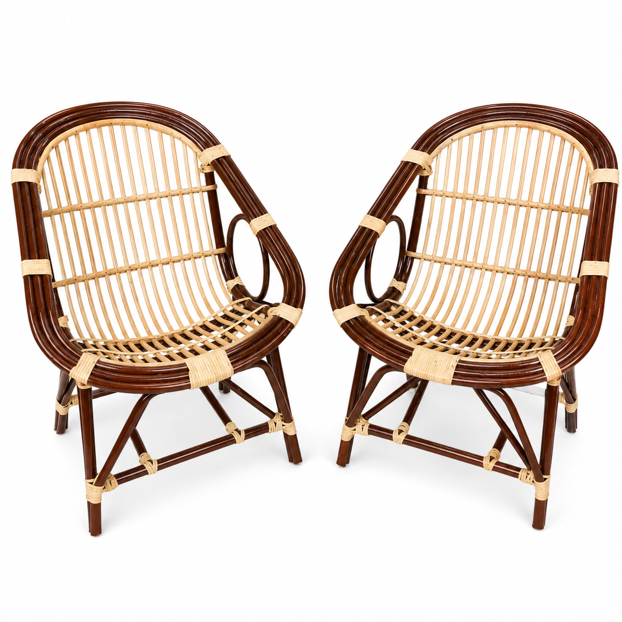 Retro Two-Tone Slatted Cane Tub Chairs (Set of 2)