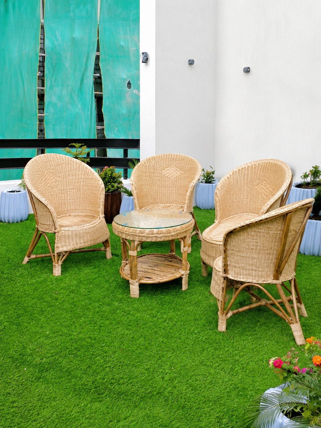 Natural Rattan Garden Cafe & Table Set