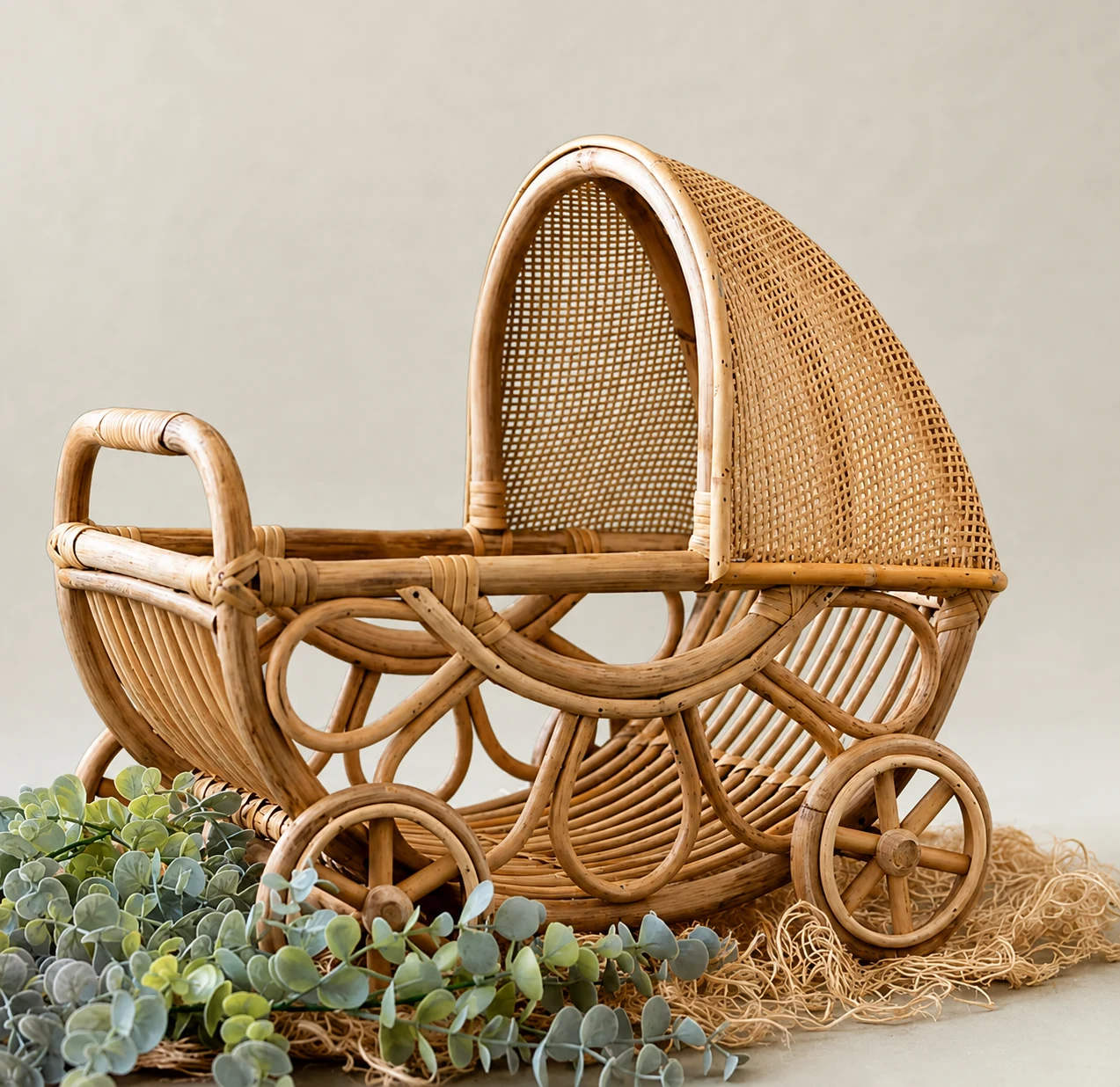 Vintage Hooded Cane Baby Carriage Prop