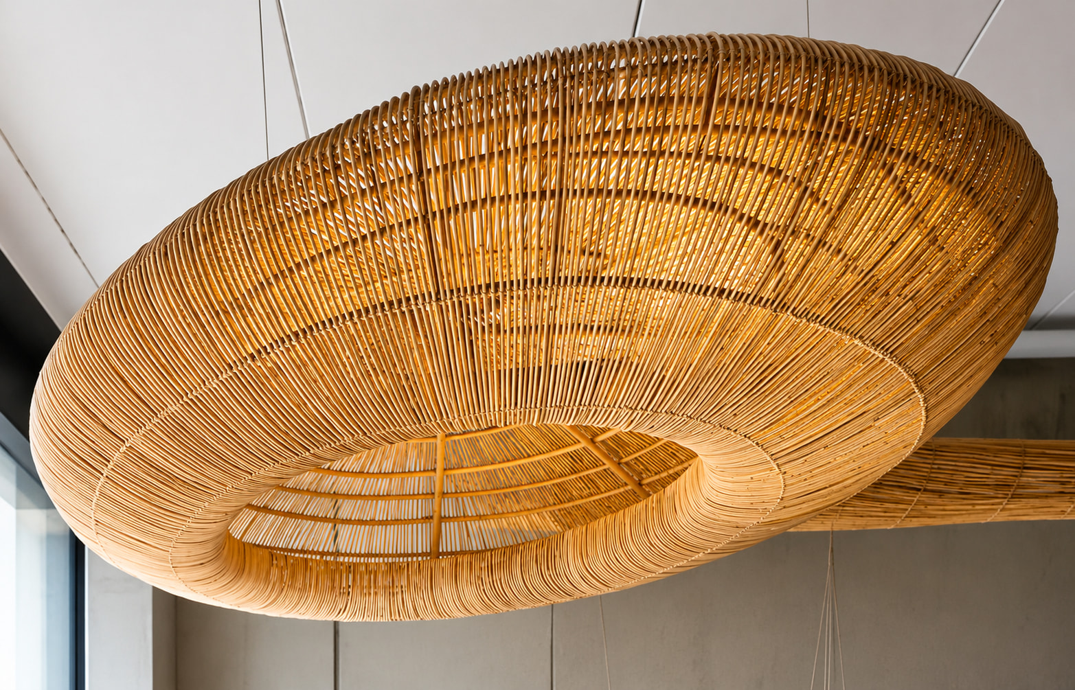 Grand Architectural Woven Cane Pendant Lamp