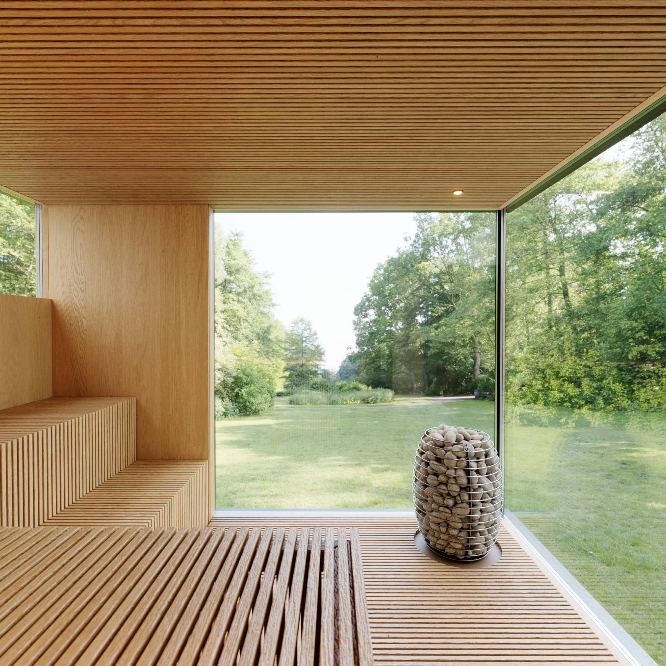Finská sauna wellness Ponor s prosklením do zahrady