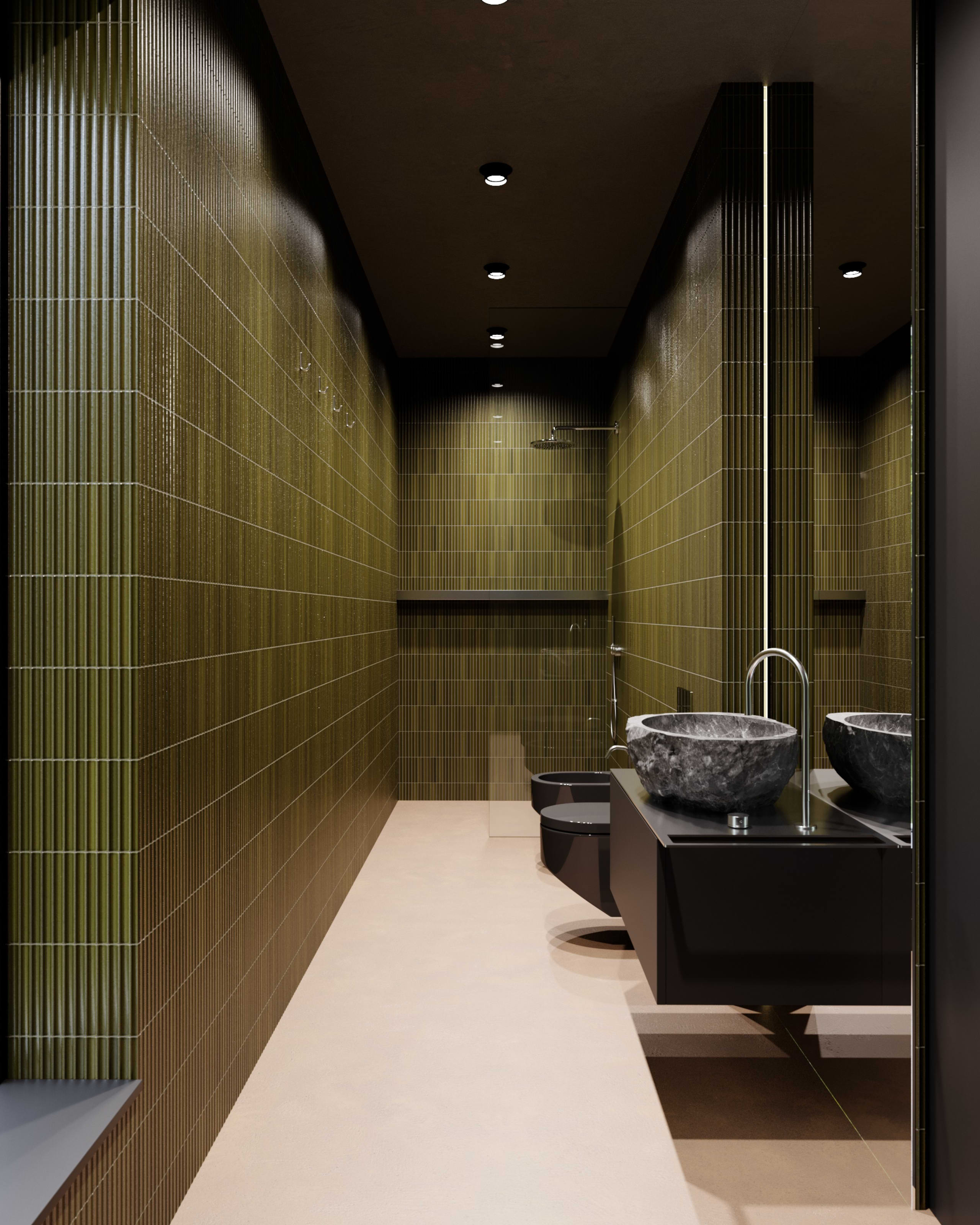 Koupelna wellness Ponor s tmavými obklady a kamenným umyvadlem