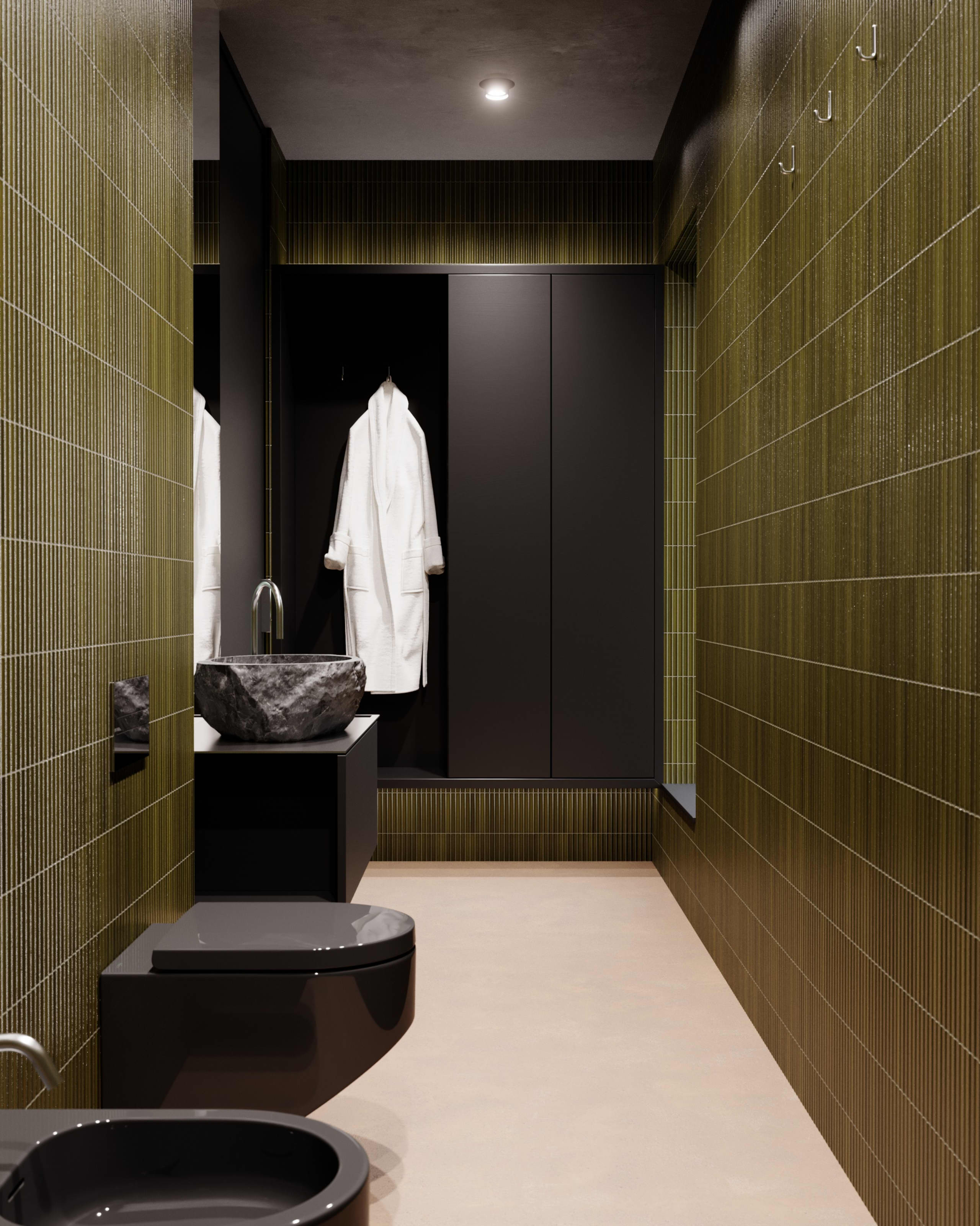 Koupelna wellness Ponor se šatnou, tmavými obklady a kamenným umyvadlem
