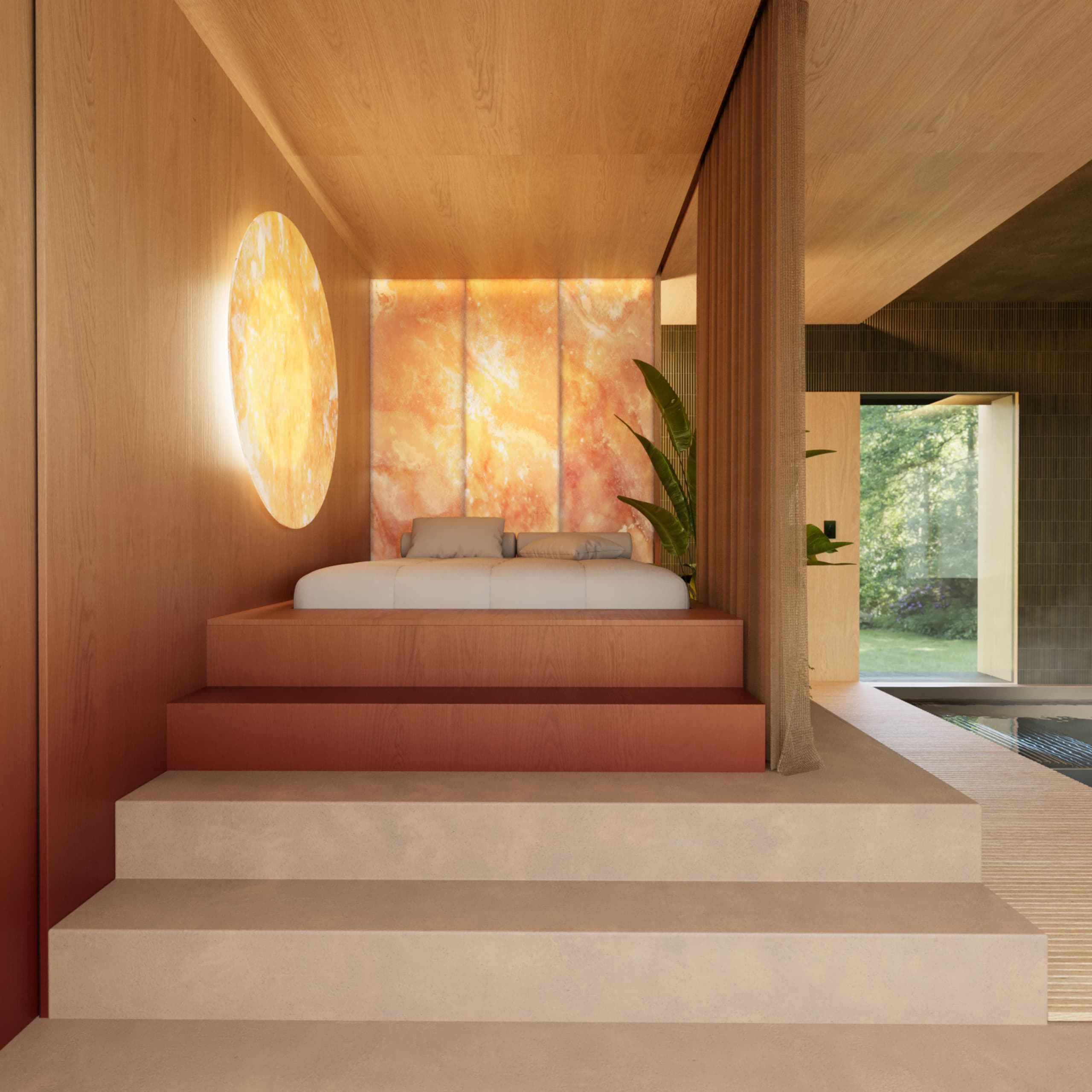Odpočinková zóna wellness Ponor s vyvýšeným lehátkem, závěsem a teplou atmosférou