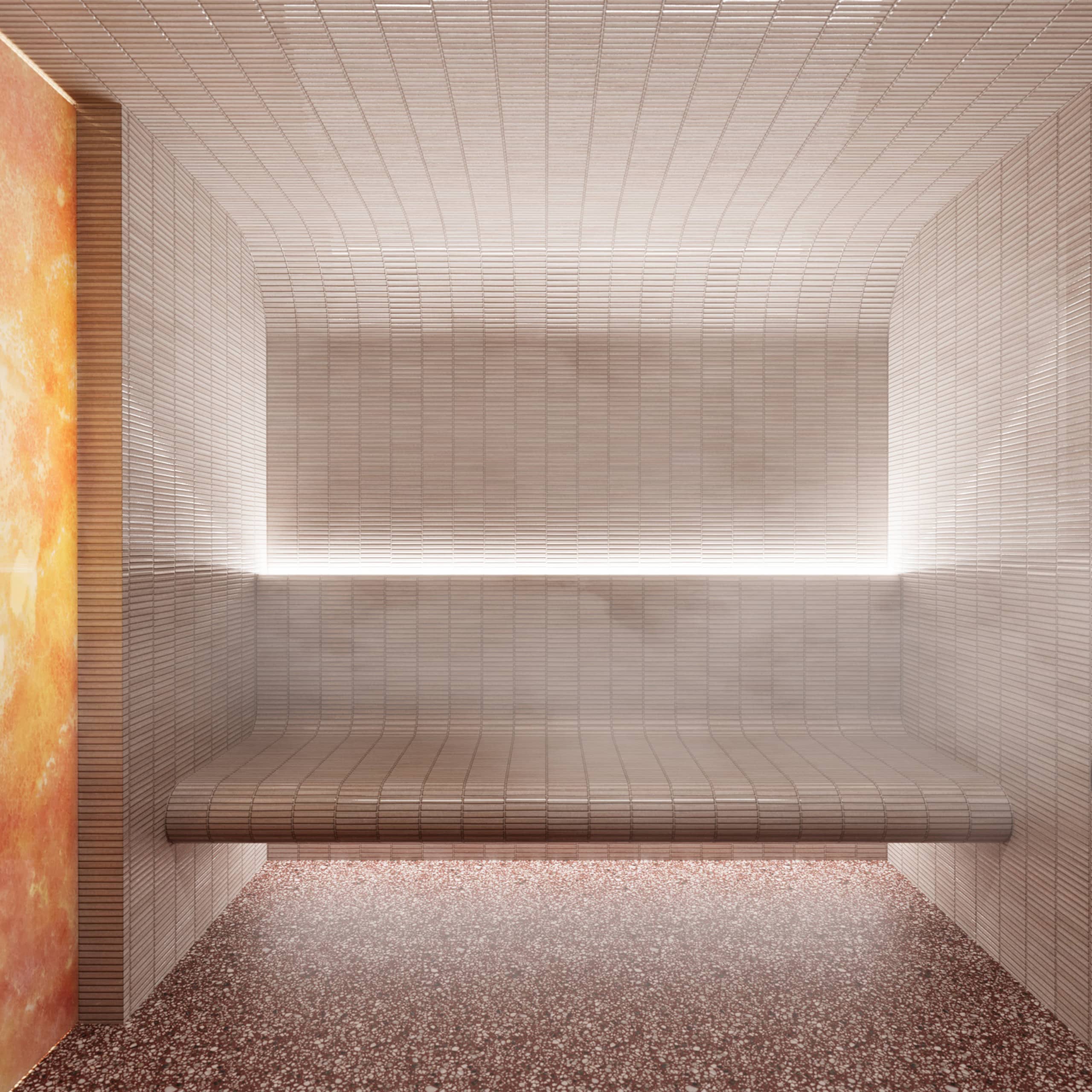 Parní sauna wellness Ponor s japonskými obklady Yuki a zemitou podlahou