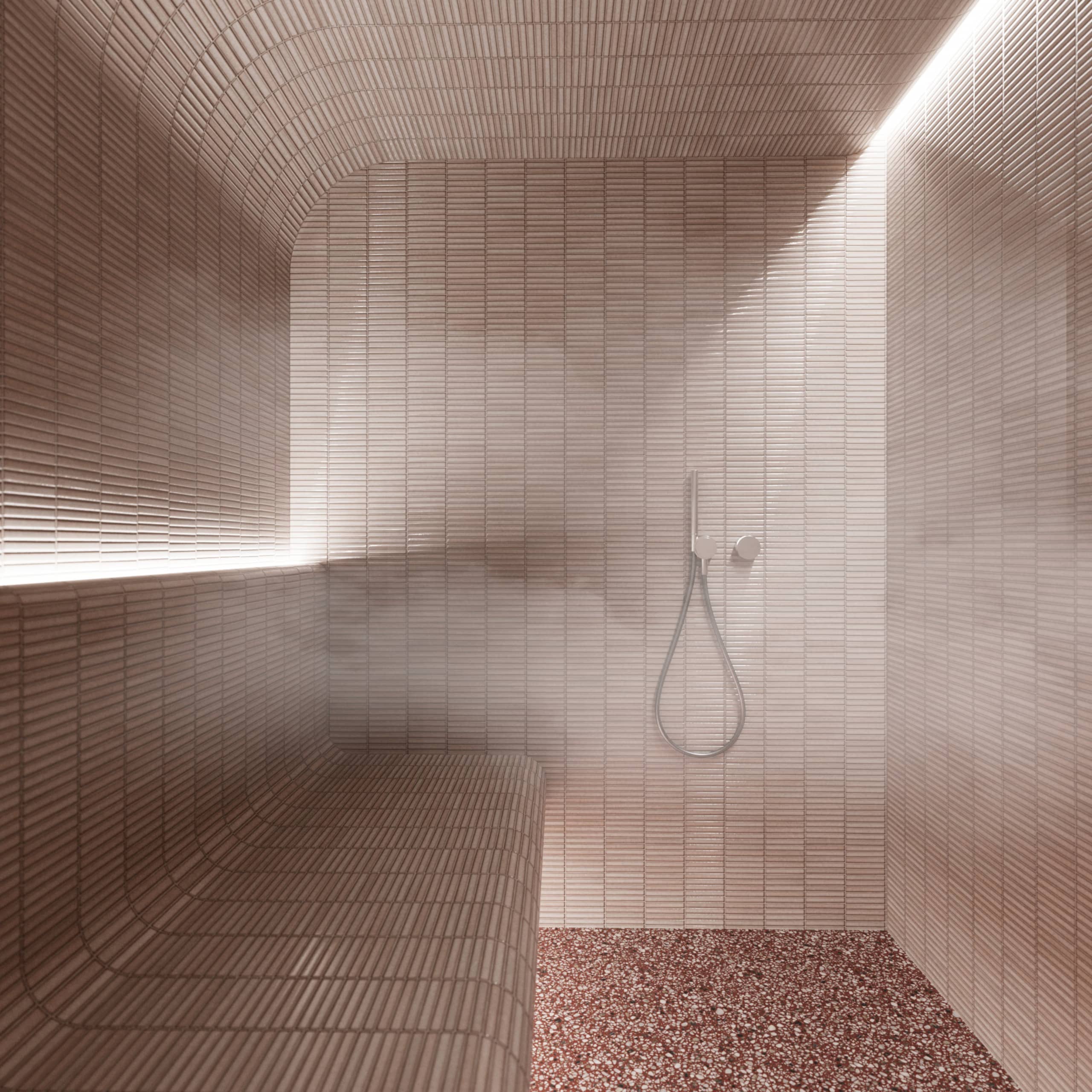 Parní sauna wellness Brno Ponor se sprchou, podsvícením a japonskými obklady Yuki