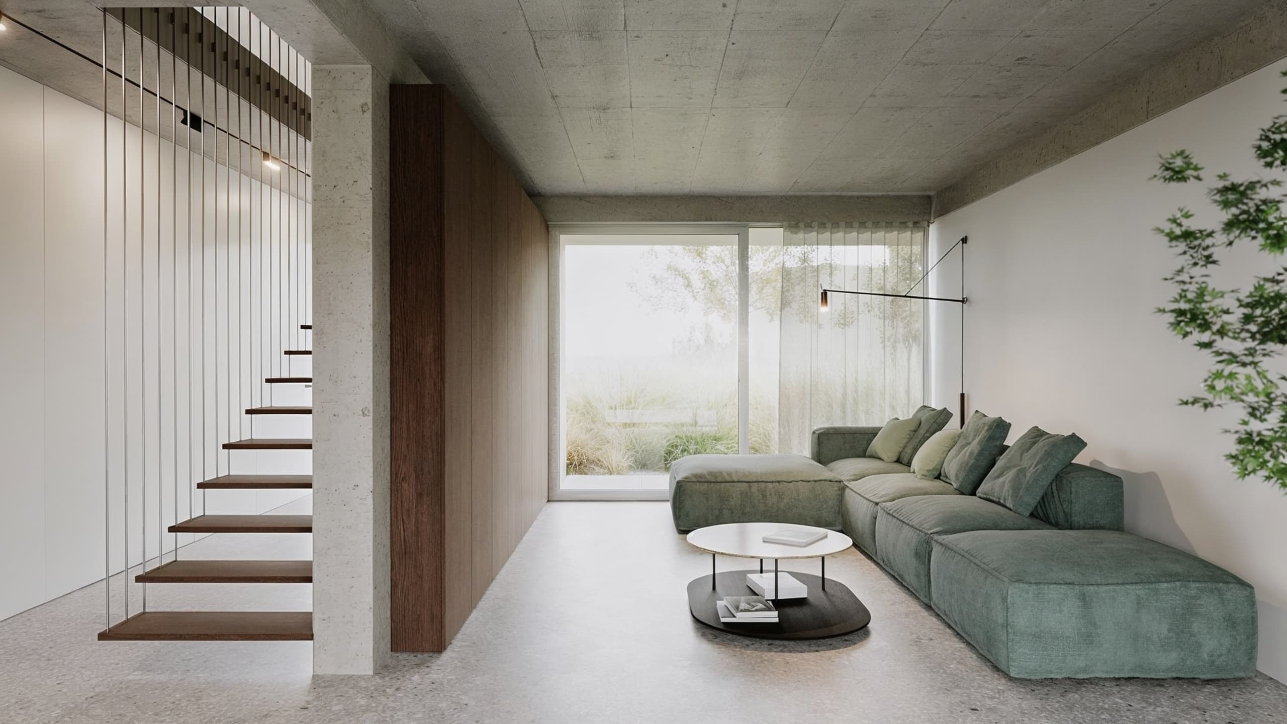 Interiér rodinného domu HLÍDKA s přiznaným betonem, minimalistickým designem a velkoformátovým oknem