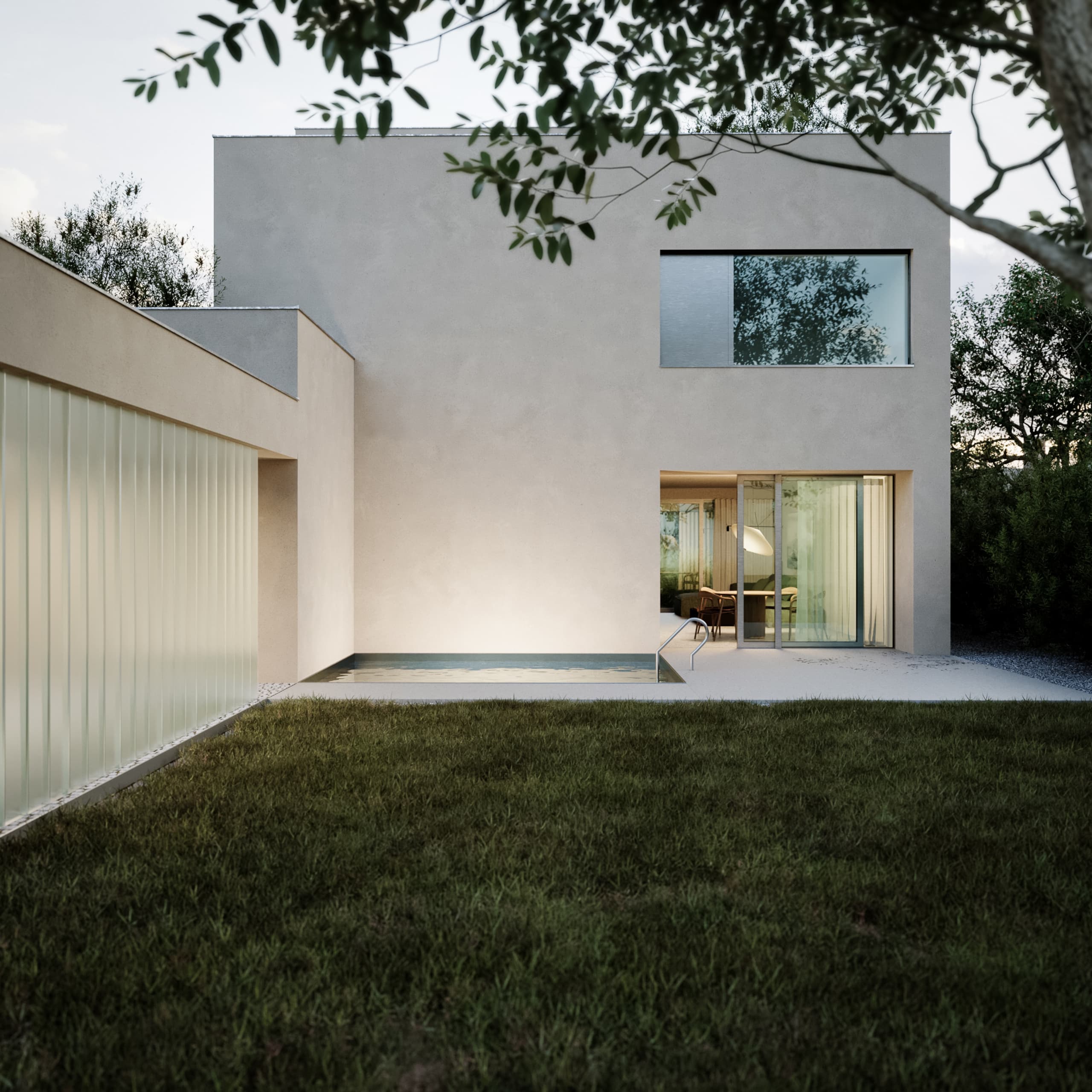 Hlavní pohled ze zahrady na rodinný dům HLÍDKA s vyhlídkou a minimalistickou architekturou