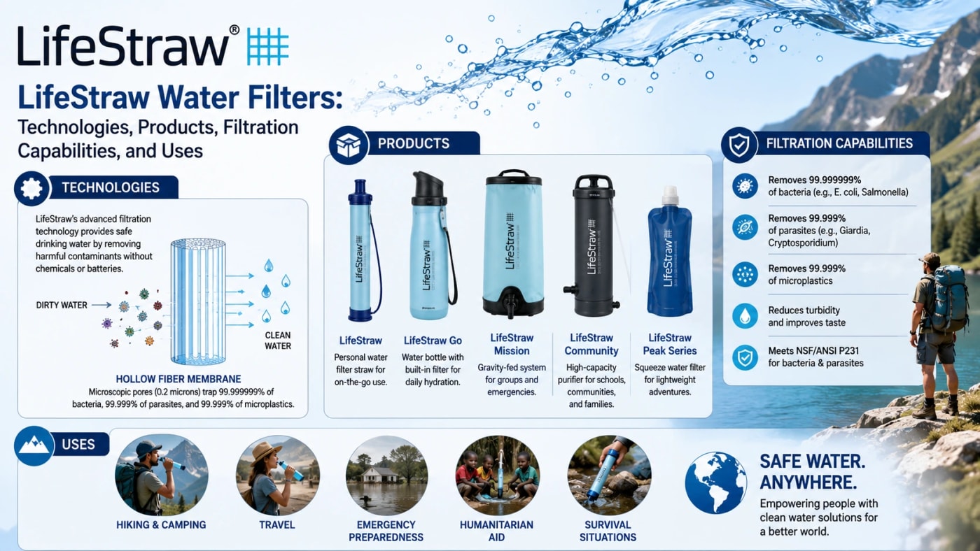 LifeStraw water filters showing filtration technologies, products, filtration capabilities, and common uses
