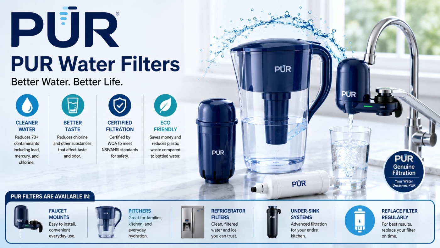 PUR water filters featuring pitchers, faucet-mounted filters, under-sink systems, filtration technology, and cleaner drinking water