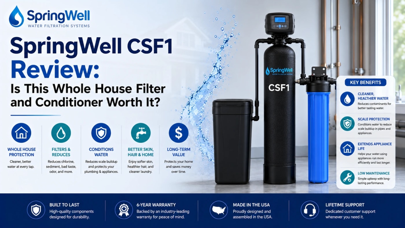 SpringWell CSF1 review showing the whole-house water filter and conditioner, filtration benefits, scale protection, maintenance, warranty, and long-term value