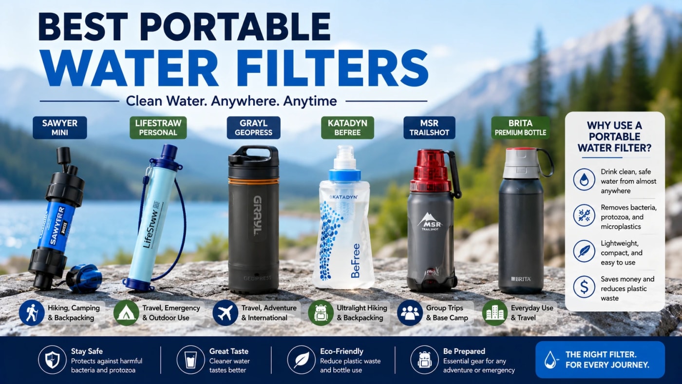 Best portable water filters comparison featuring Sawyer Mini, LifeStraw, Grayl GeoPress, Katadyn BeFree, MSR TrailShot, and Brita Premium Bottle for hiking, camping, travel, and emergency use