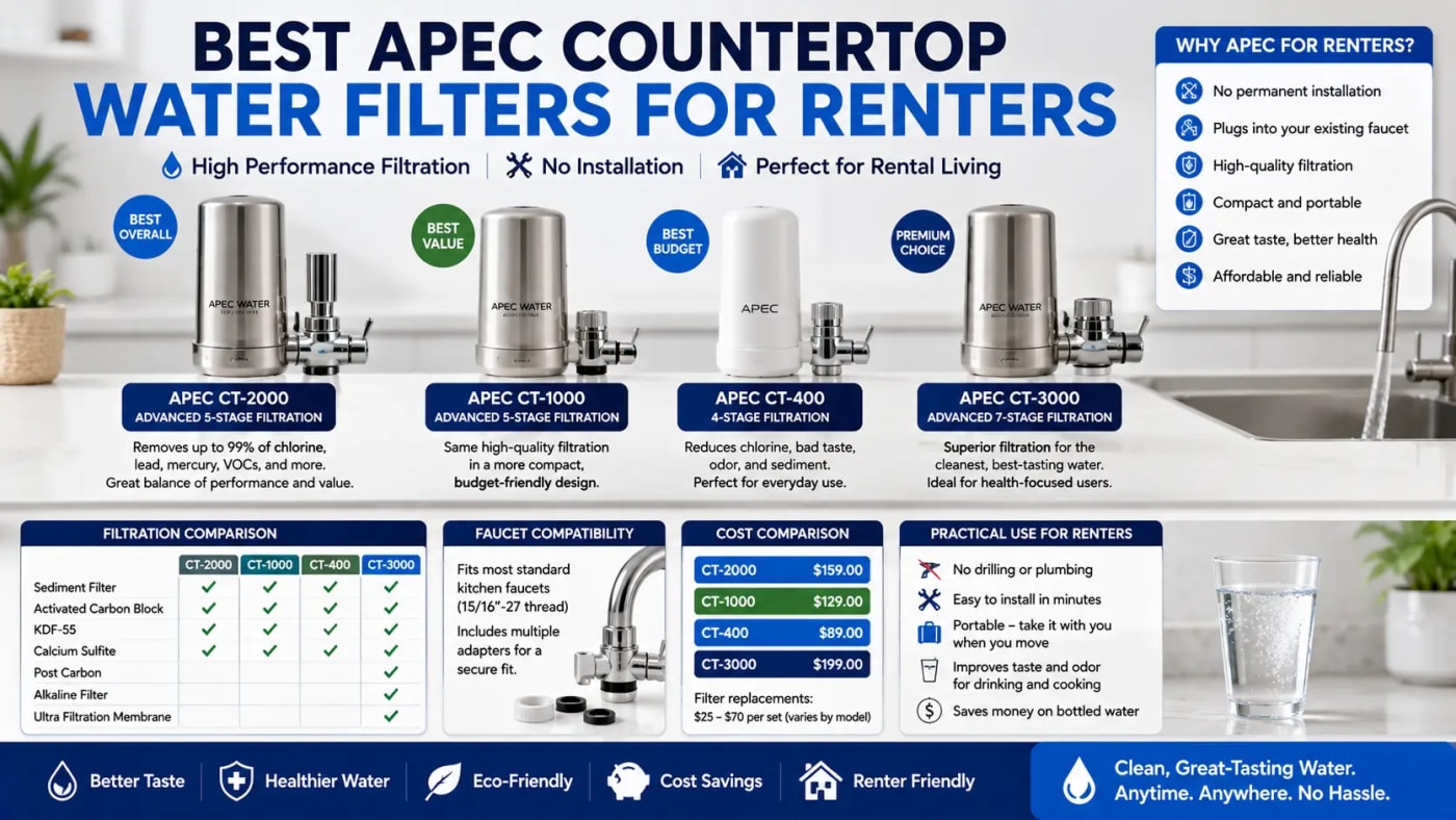 est APEC countertop water filters for renters, comparing CT-2000, CT-1000, CT-400, and CT-3000 by filtration, faucet compatibility, cost, and renter-friendly use