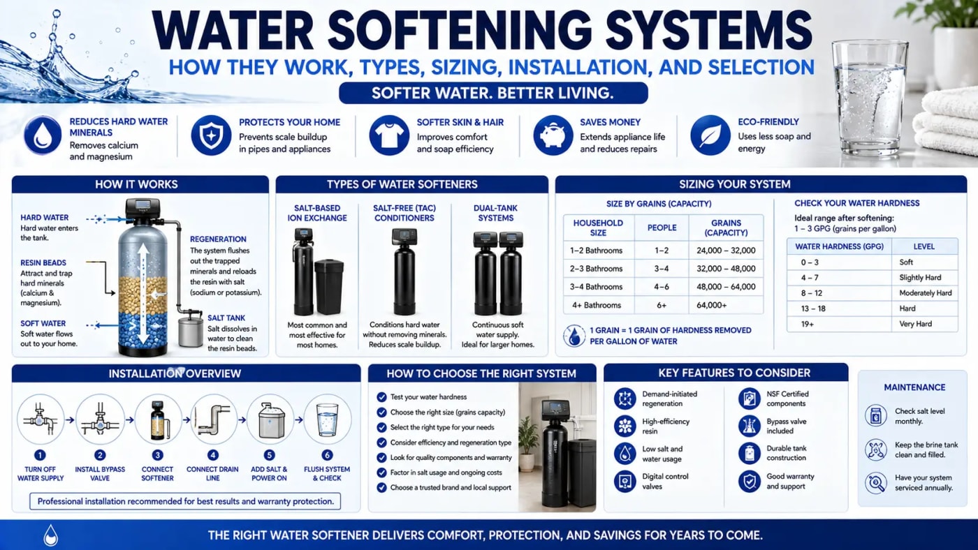 Water softening systems infographic explaining how water softeners work, types, sizing, installation, maintenance, key features, and selection factors