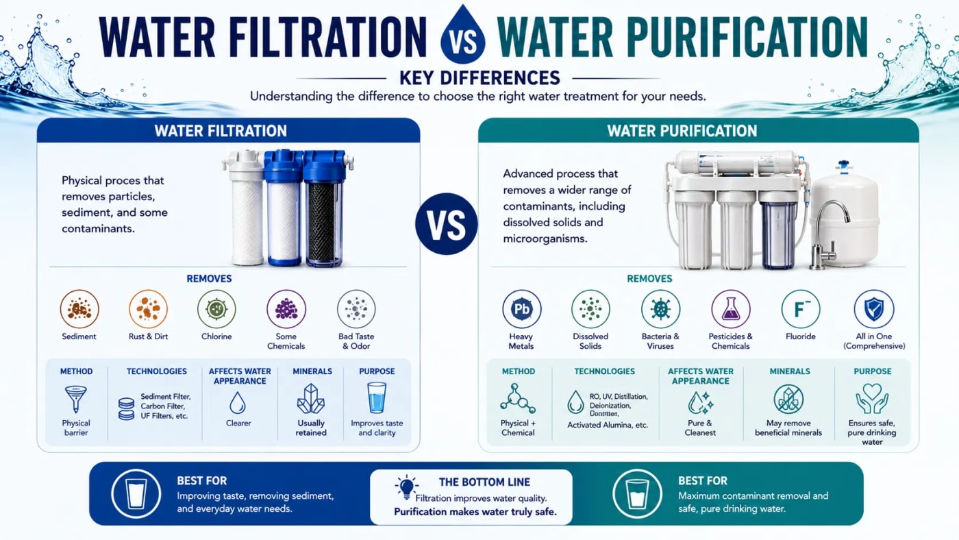 Infographic comparing water filtration and water purification, including their key differences, treatment methods, and contaminant removal capabilities.