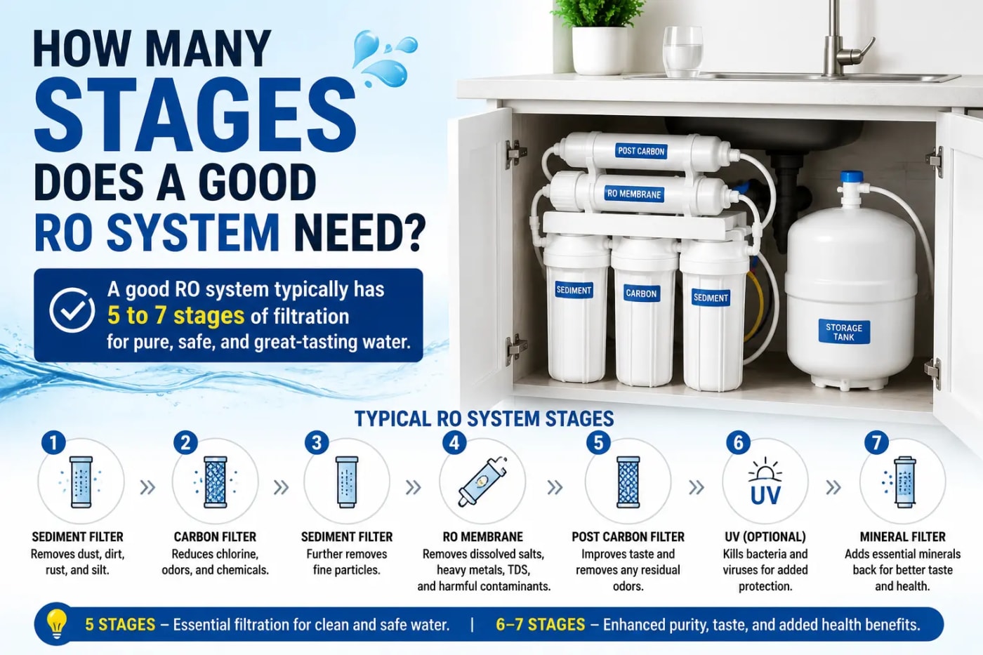 Infographic explaining how many stages a good reverse osmosis system needs, showing a typical 5–7 stage RO system with sediment, carbon, RO membrane, post-carbon, UV, and mineral filters.