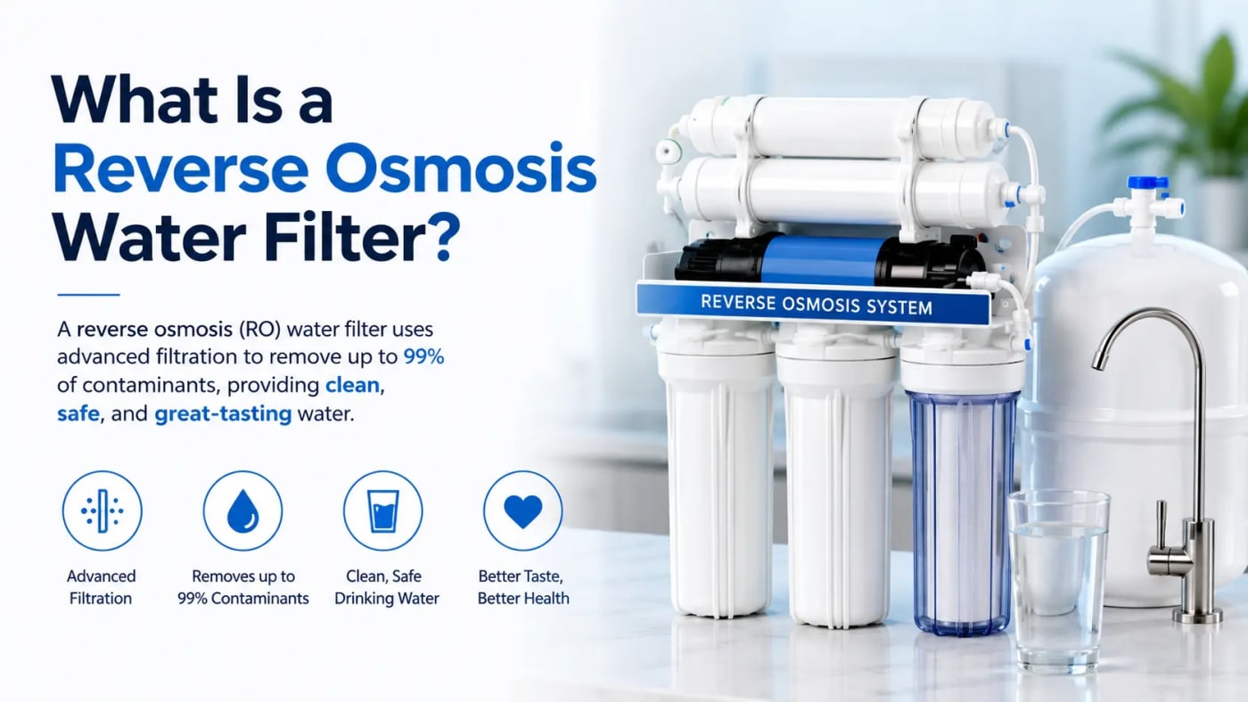 Reverse osmosis water filter system with multiple filtration stages, storage tank, faucet, and glass of clean drinking water, illustrating how RO filtration removes contaminants and improves water quality.