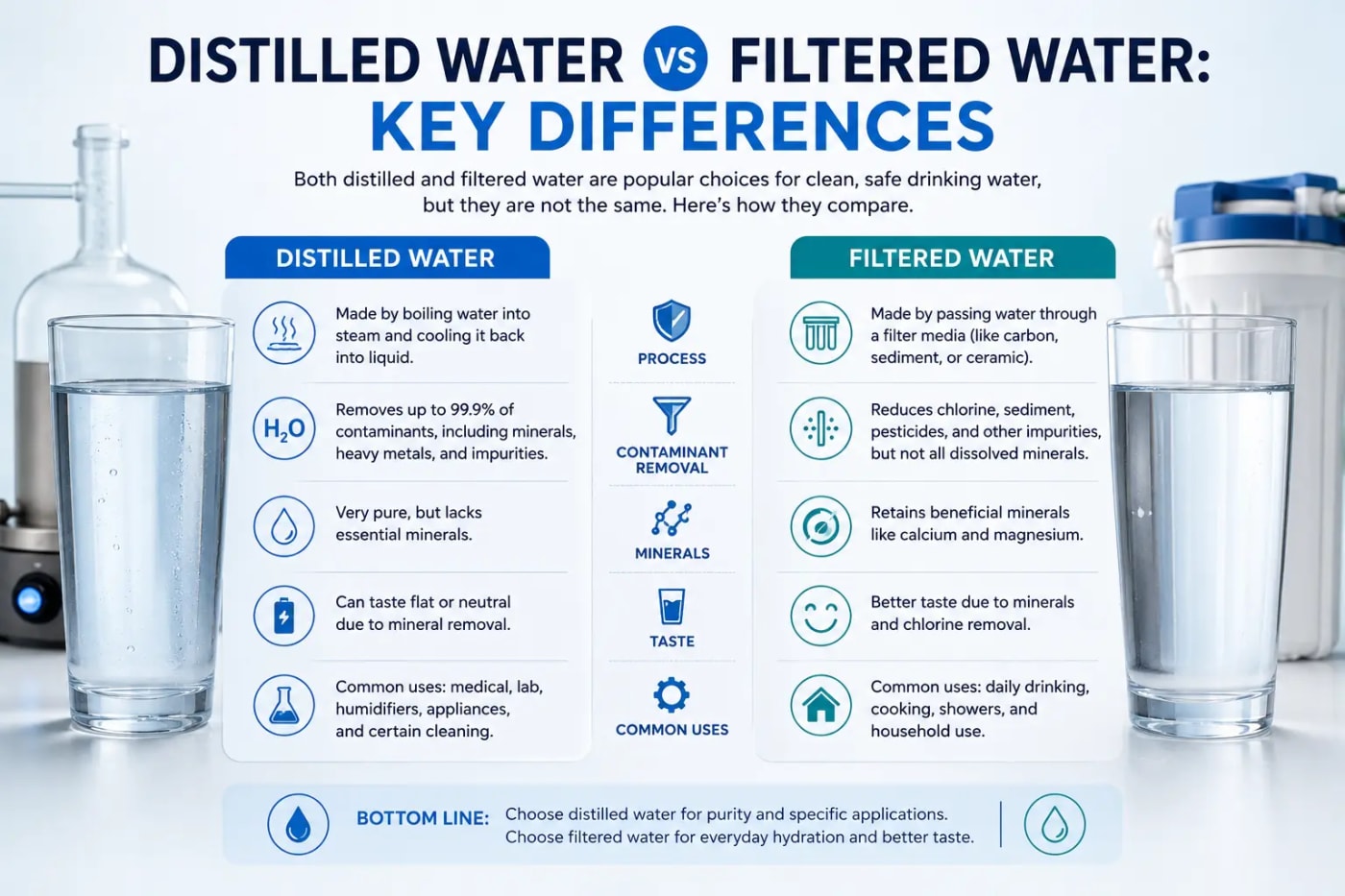 Infographic comparing distilled water and filtered water, showing differences in filtration process, contaminant removal, minerals, taste, and common uses.