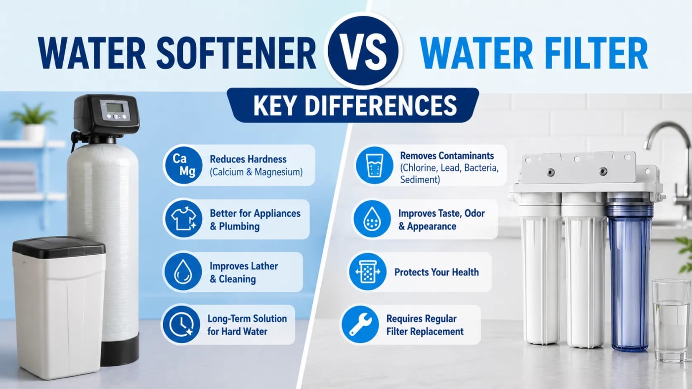 Water softener vs water filter comparison infographic showing key differences, benefits, and water treatment functions.
