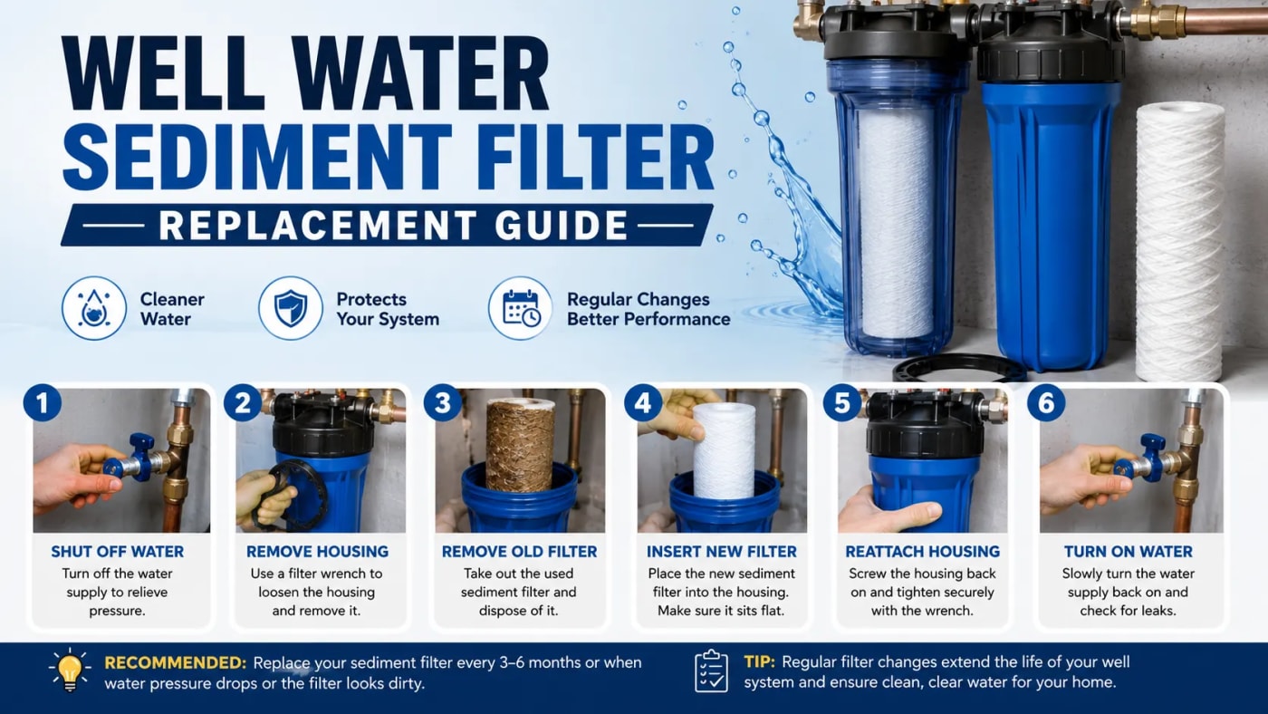 Well water sediment filter replacement guide showing six steps to shut off the water, remove the housing and old filter, install a new sediment filter, reattach the housing, and check for leaks.