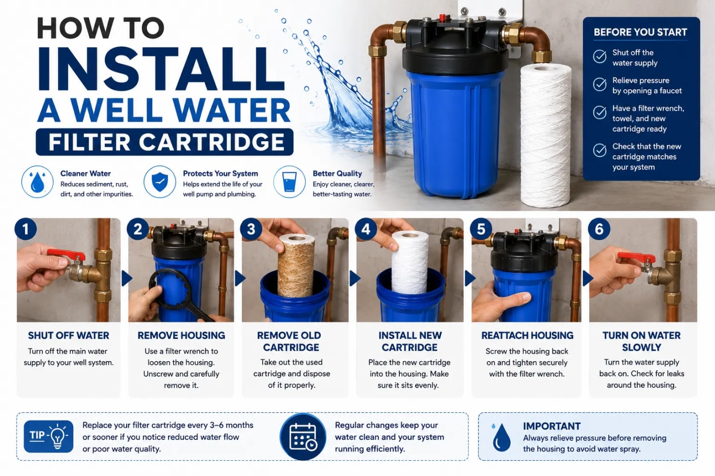 How to install a well water filter cartridge, showing the steps to shut off water, remove the filter housing and old cartridge, install a new cartridge, reattach the housing, and check for leaks.