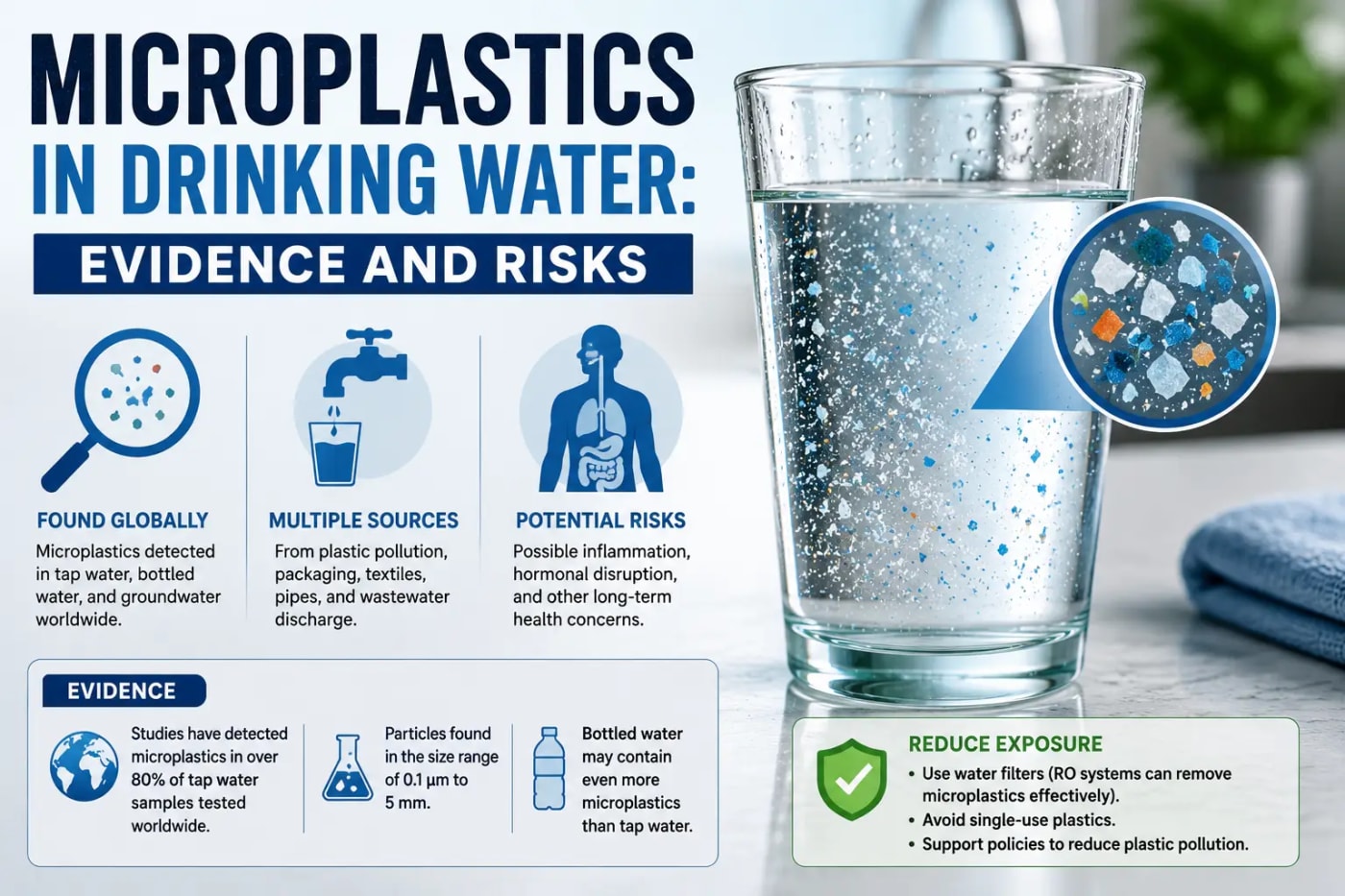 Infographic showing microplastics in drinking water, their sources, potential health risks, and ways to reduce exposure.