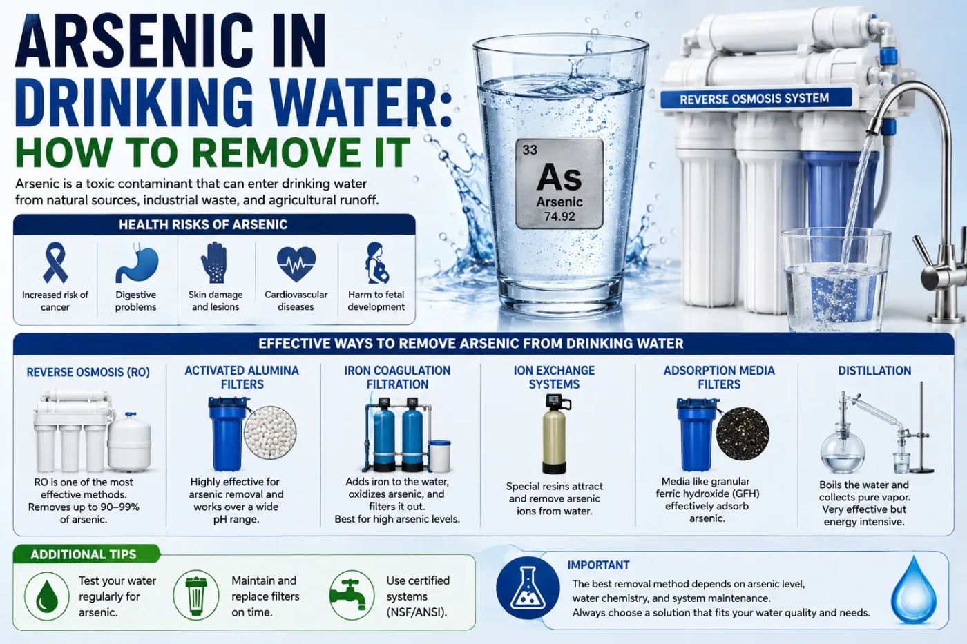 Infographic showing arsenic in drinking water, its health risks, and effective removal methods including reverse osmosis, activated alumina, ion exchange, adsorption, and distillation.