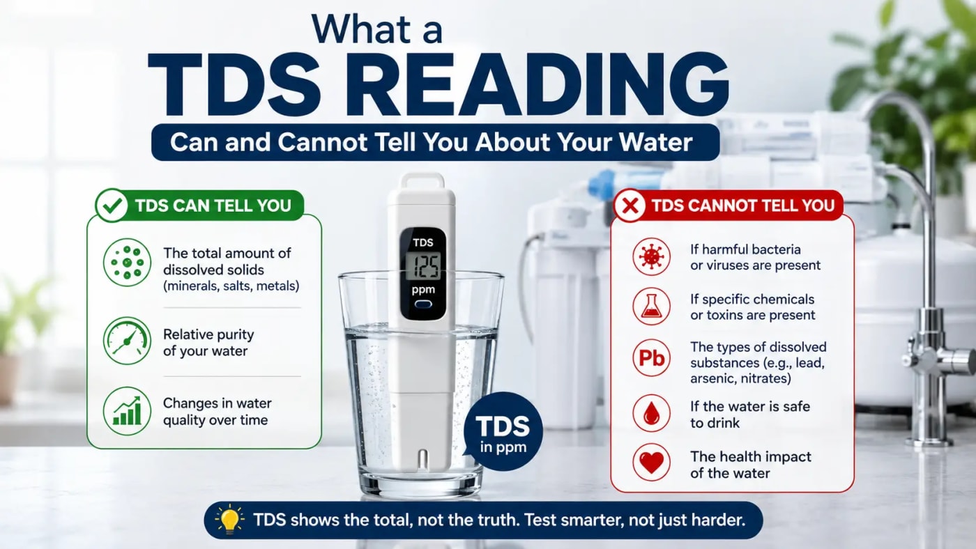 TDS reading meter showing 125 ppm in a glass of water, illustrating what total dissolved solids can and cannot reveal about water quality.