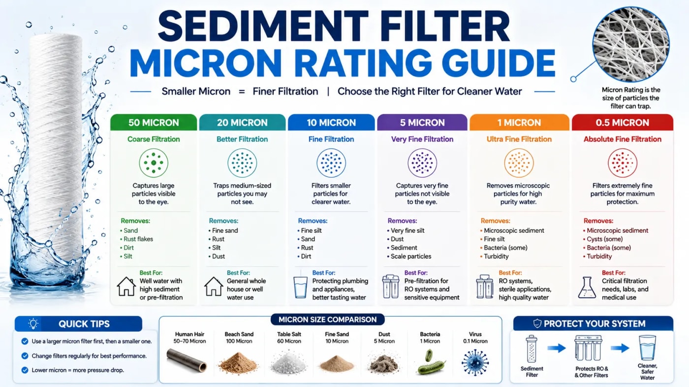 Sediment filter micron rating guide comparing 50, 20, 10, 5, 1, and 0.5 micron filters, with particle-size examples, filtration uses, and system protection tips.