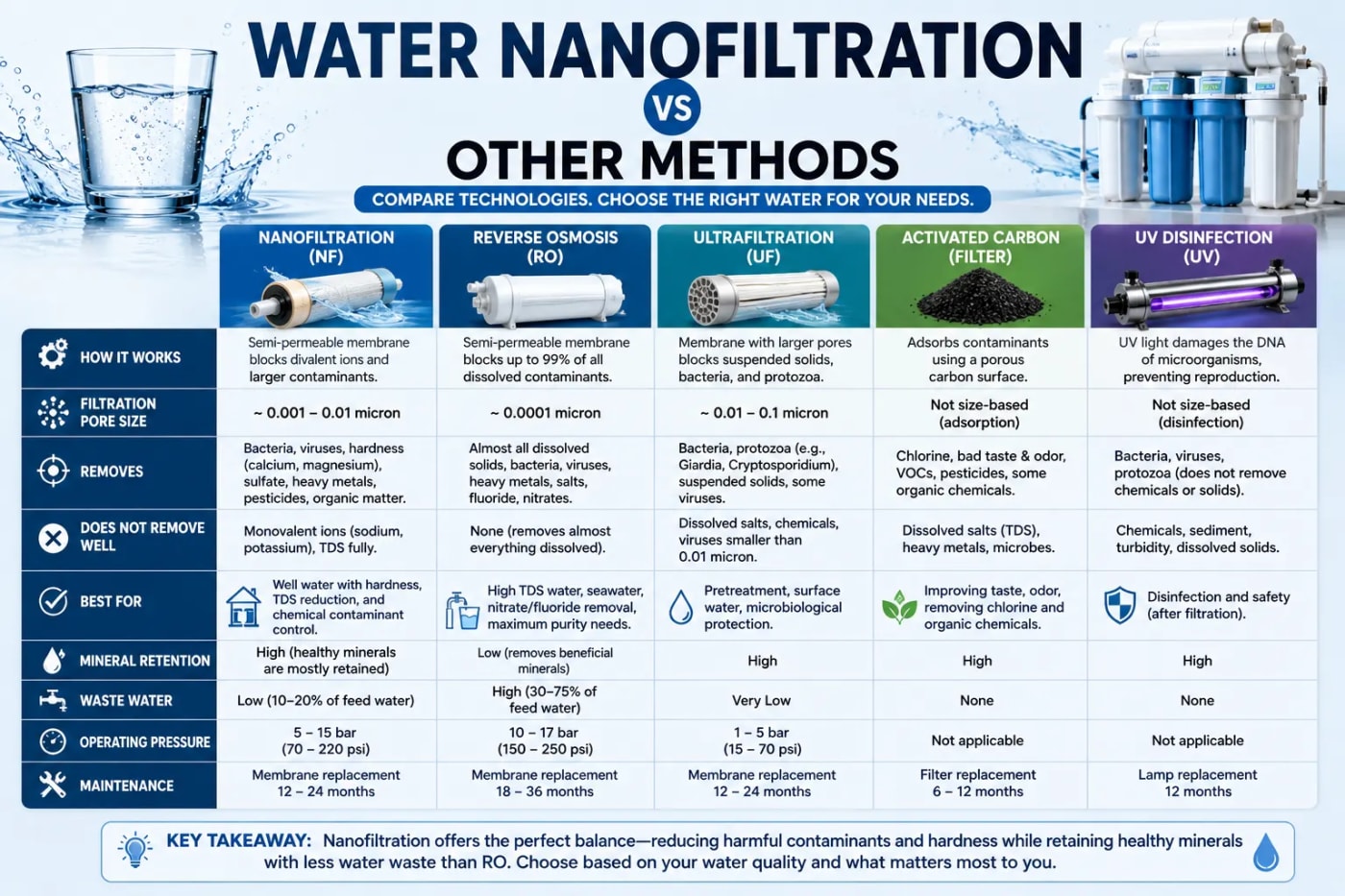 Water nanofiltration vs. reverse osmosis, ultrafiltration, activated carbon, and UV disinfection, comparing contaminant removal, mineral retention, water waste, pressure, and maintenance.