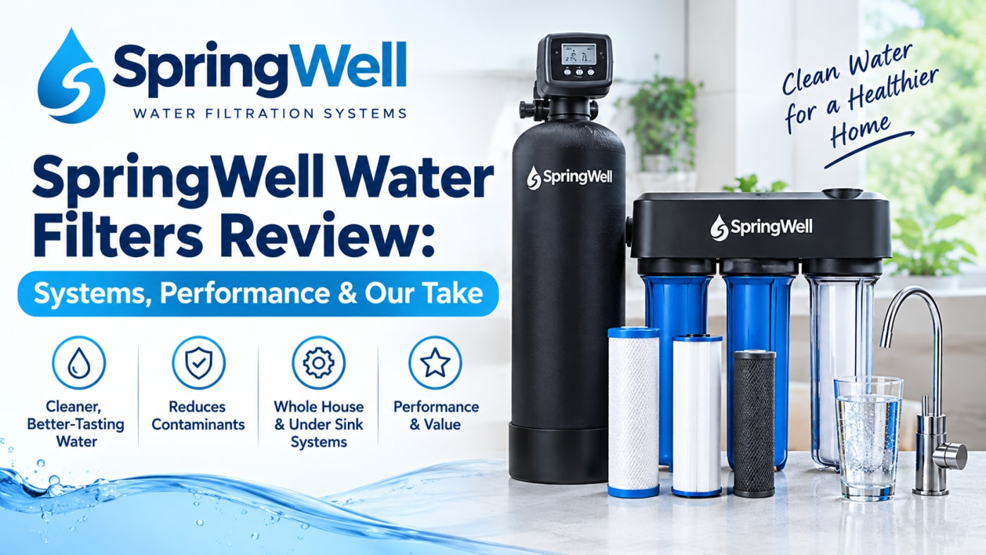 SpringWell whole-house water filtration system with filter housings and replacement cartridges
