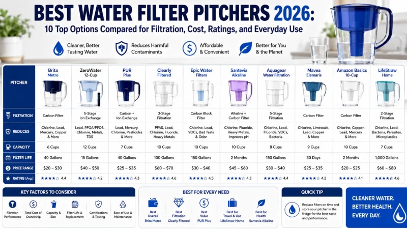 Best Water Filter Pitchers 2026: 10 Top Options Compared for Filtration, Cost, Ratings, and Everyday Use