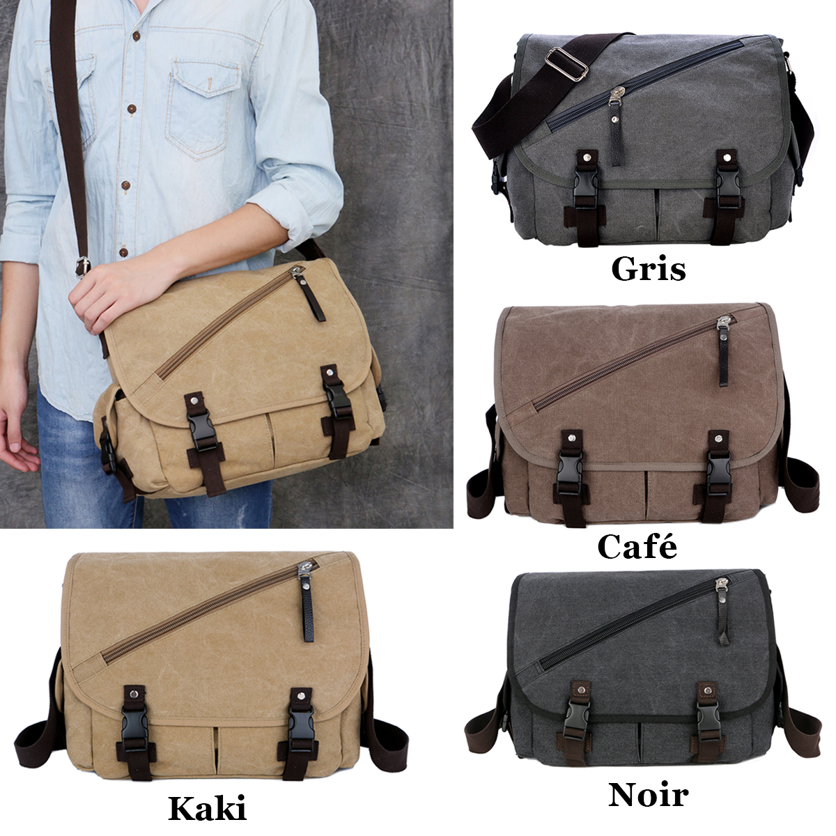 Sac Bandoulière Quotidien Gris Uni - 33x8x26 Cm - Coton - Pour Homme Ou Femme